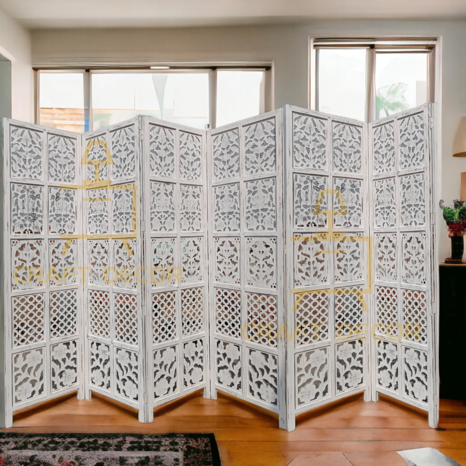 CRAFT DECOR Wooden Room Partition for Living Room with Stands, Wooden Screen Separator and Wooden Room Dividers, Studio Wall Panel 6 Feet for Living Room/Bedroom/Office/Restaurant/(Distress White)-image-22