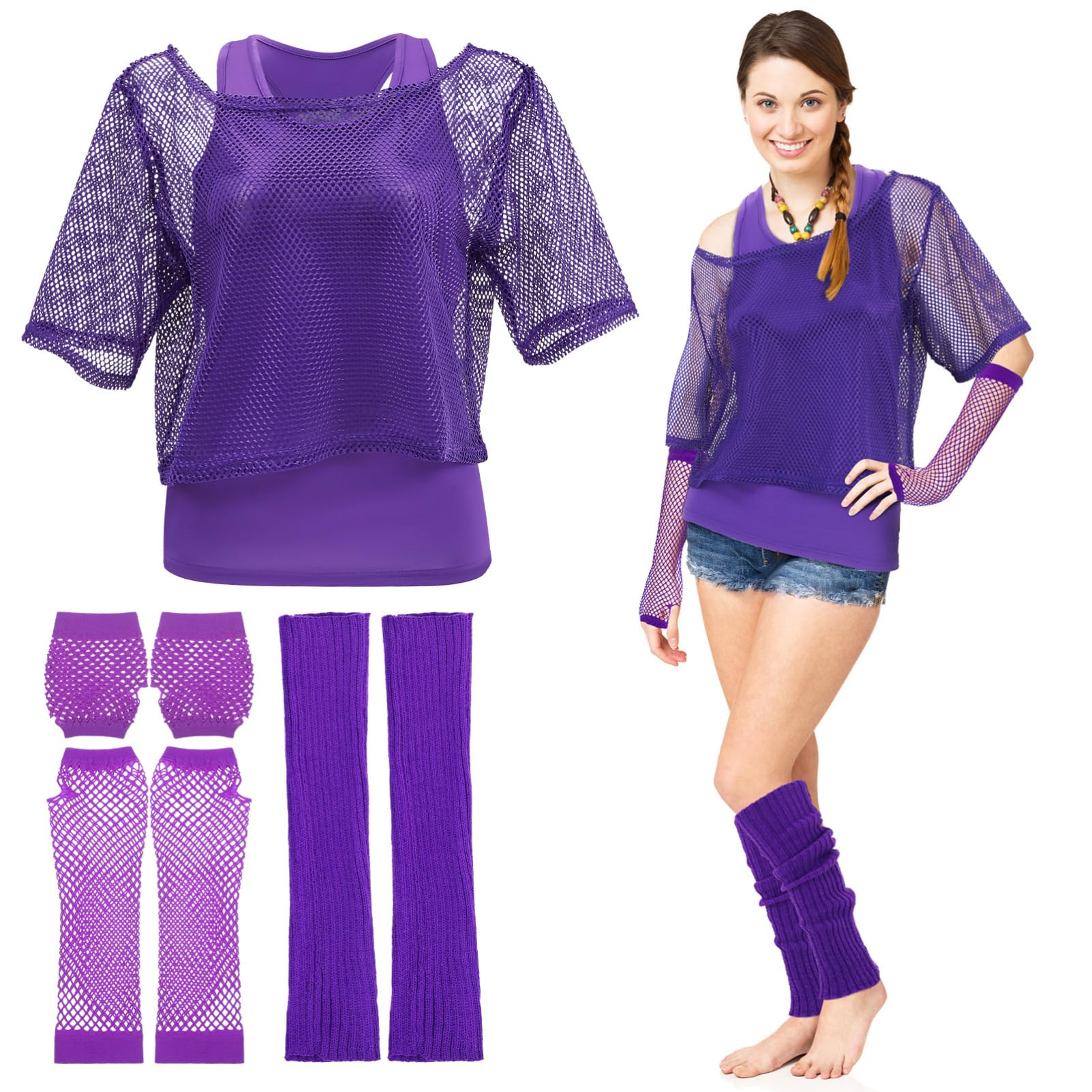 Abaodam 80S Retro Party Dress up Set for Women Fishnet Vest Gloves and Leg Warmers Breathable Festival Outfit for Carnival Themed Costume for Dance and Fancy Dress - Image 2