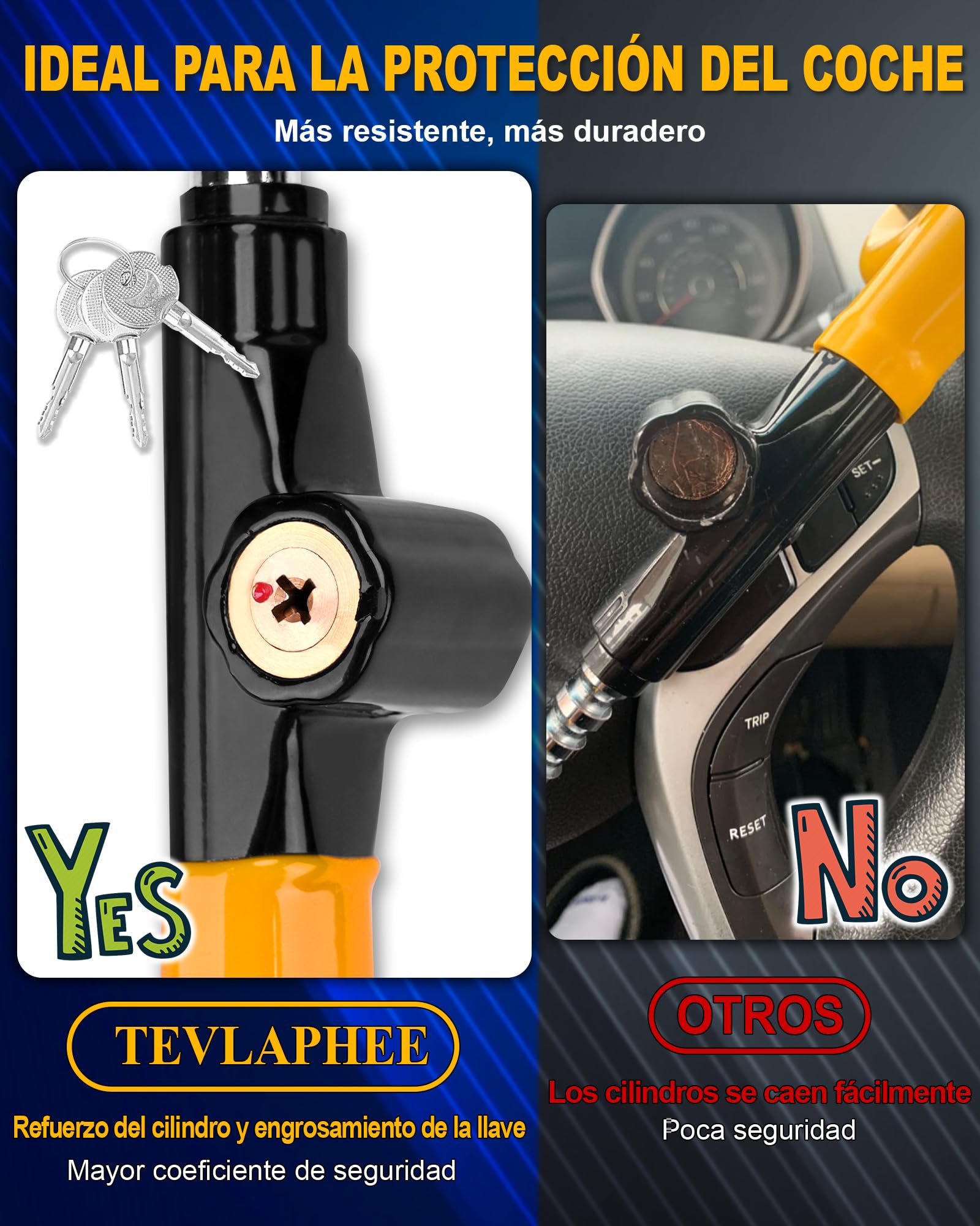 Tevlaphee Candado para Volante, Cerradura de Seguridad para Coche, Dispositivo Anti-Robo Resistente, Alta Visibilidad, Ajuste Universal para Coches, SUV y Furgonetas, Ajustable, 3 Llaves(Amarillo)