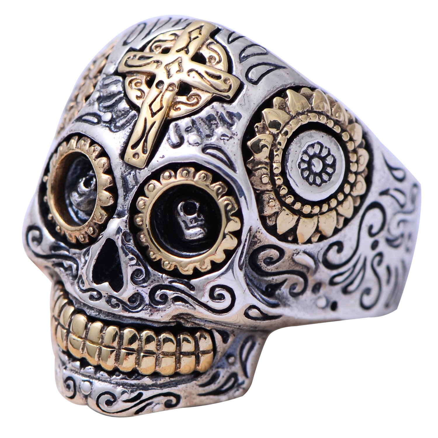 ForFox Anillo de calavera mexicana biker en plata de ley 925 joyería gótica para hombre mujer talla 17-30