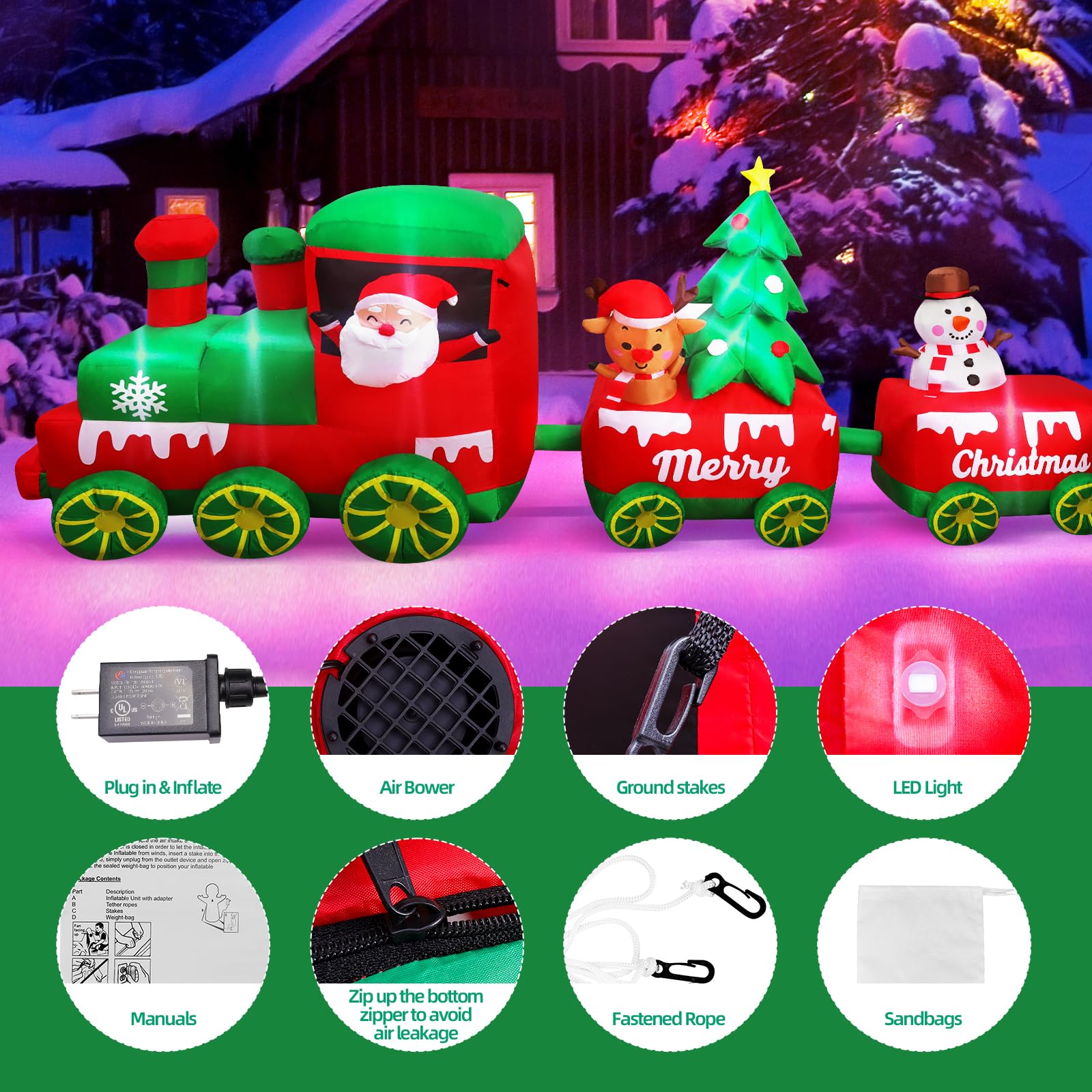 Train Gonflable de Noël de 3 m avec Père Noël, Renne, Bonhomme de Neige, trésor de Noël, lumières LED intégrées, décoration de Noël pour fête de Noël, Vacances, Jardin, pelouse, Cour