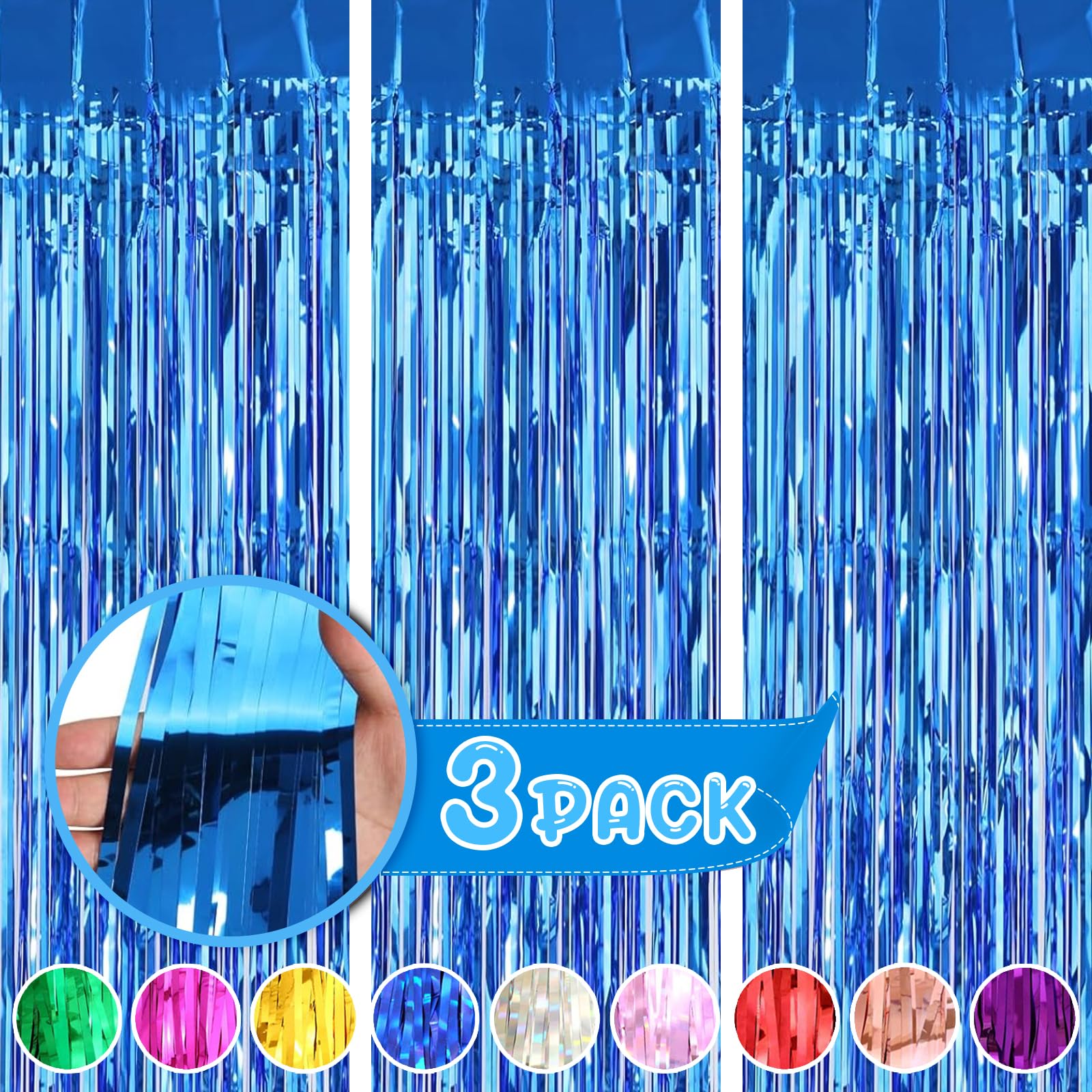 Blue Curtains for Party Decorations, 3 Pack 3.2ft x 8.2ft Blue Streamers, Birthday Decorations Background for Photo Booth, Wedding, Halloween, Christmas Party Decoration, Blue Backdrop Party Supplies