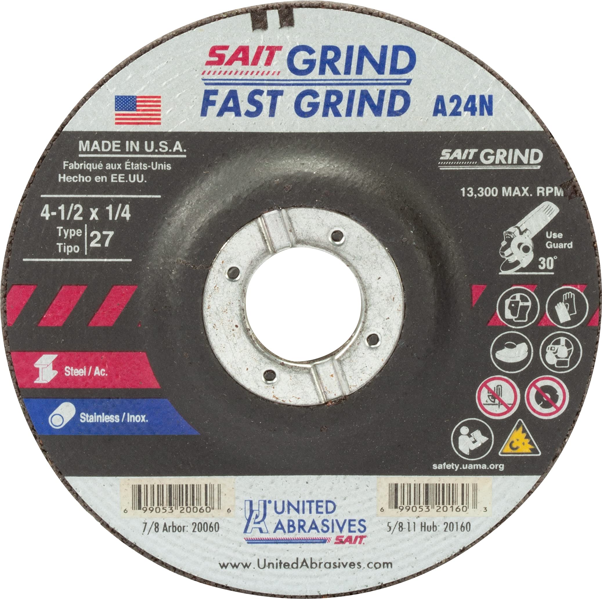 SAIT20060 A24N 4-1/2X1/4X7/8 Fast Grinding Metal/Stnls Grinding Wheels|Pkg.25