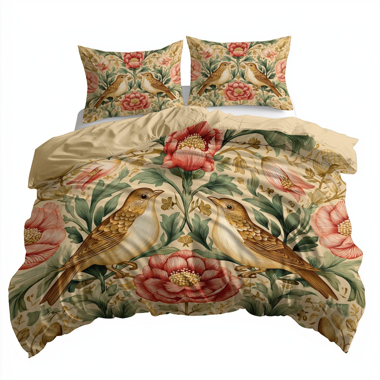 William Morris Art Ptaki Poszwa na kołdrę, 3-częściowy zestaw pościeli z mikrofibry, zestaw pościeli z zamkiem błyskawicznym i 2 poszewkami do sypialni lub luksusowego hotelu, 200 x 200 cm