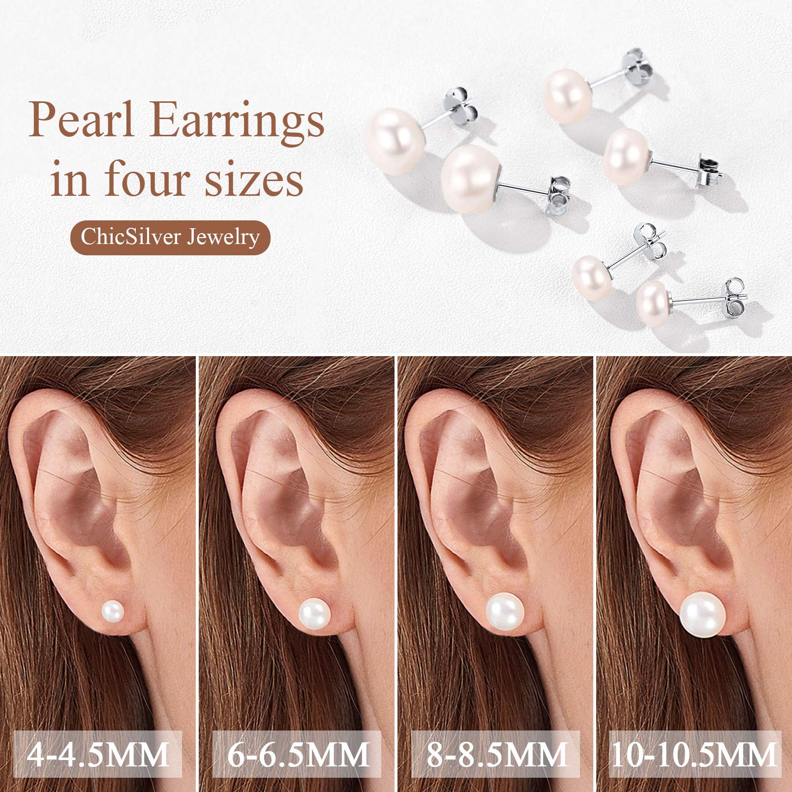 ChicSilver Damen Paar Ohrstecker Süßwasser Zuchtperlen Weiß Silber Perlenohrstecker Mädchen Ohrstecker Set 4mm/6mm/8mm/10mm für Valentinstag Muttertag Weihnachten