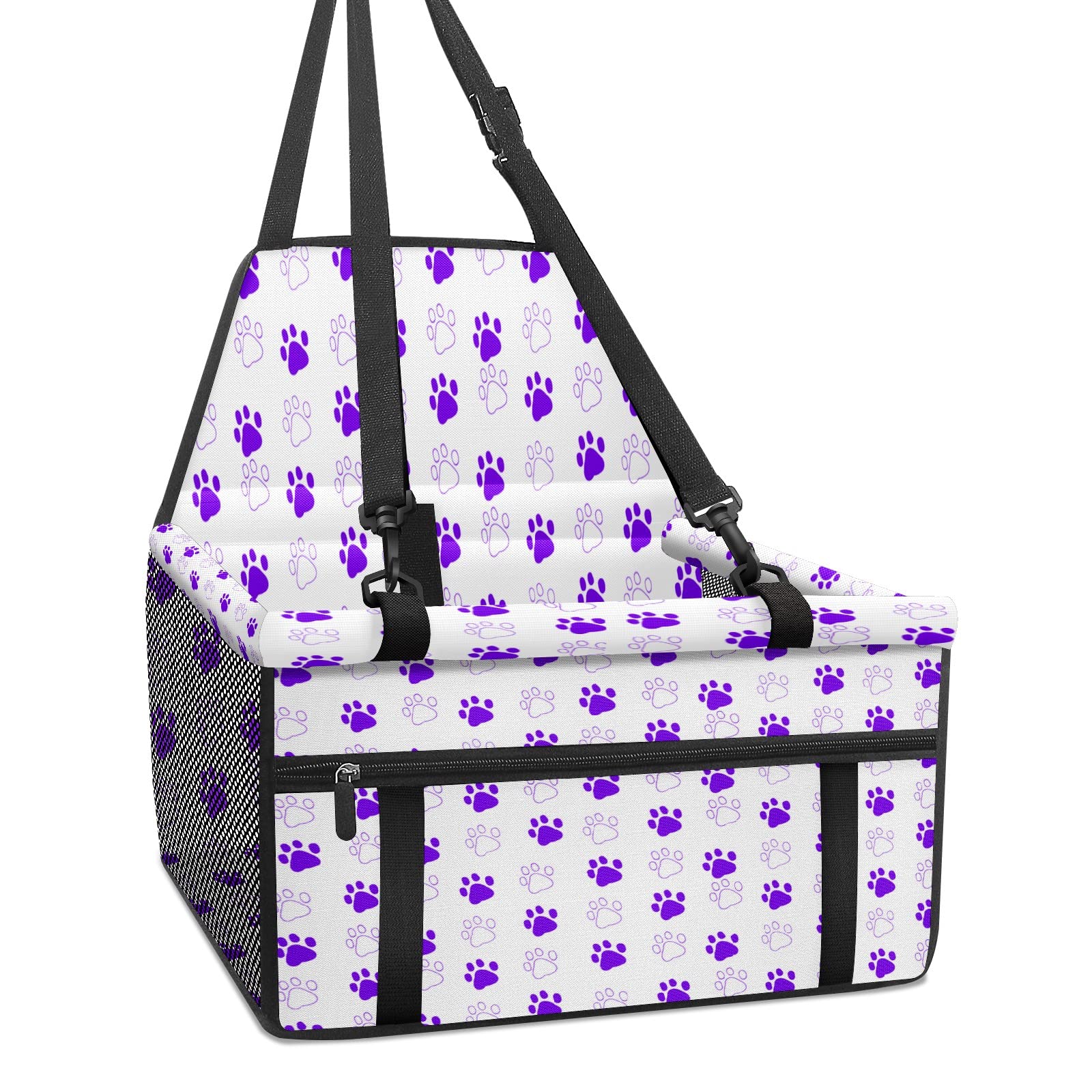 Dog Car Seat , Purple Paw Footprint Dog Car Booster Seat for Small Dogs Foldable Portable Puppy Booster Car Seats with Sturdy PVC Bars Frame Perfect for Small Pets
