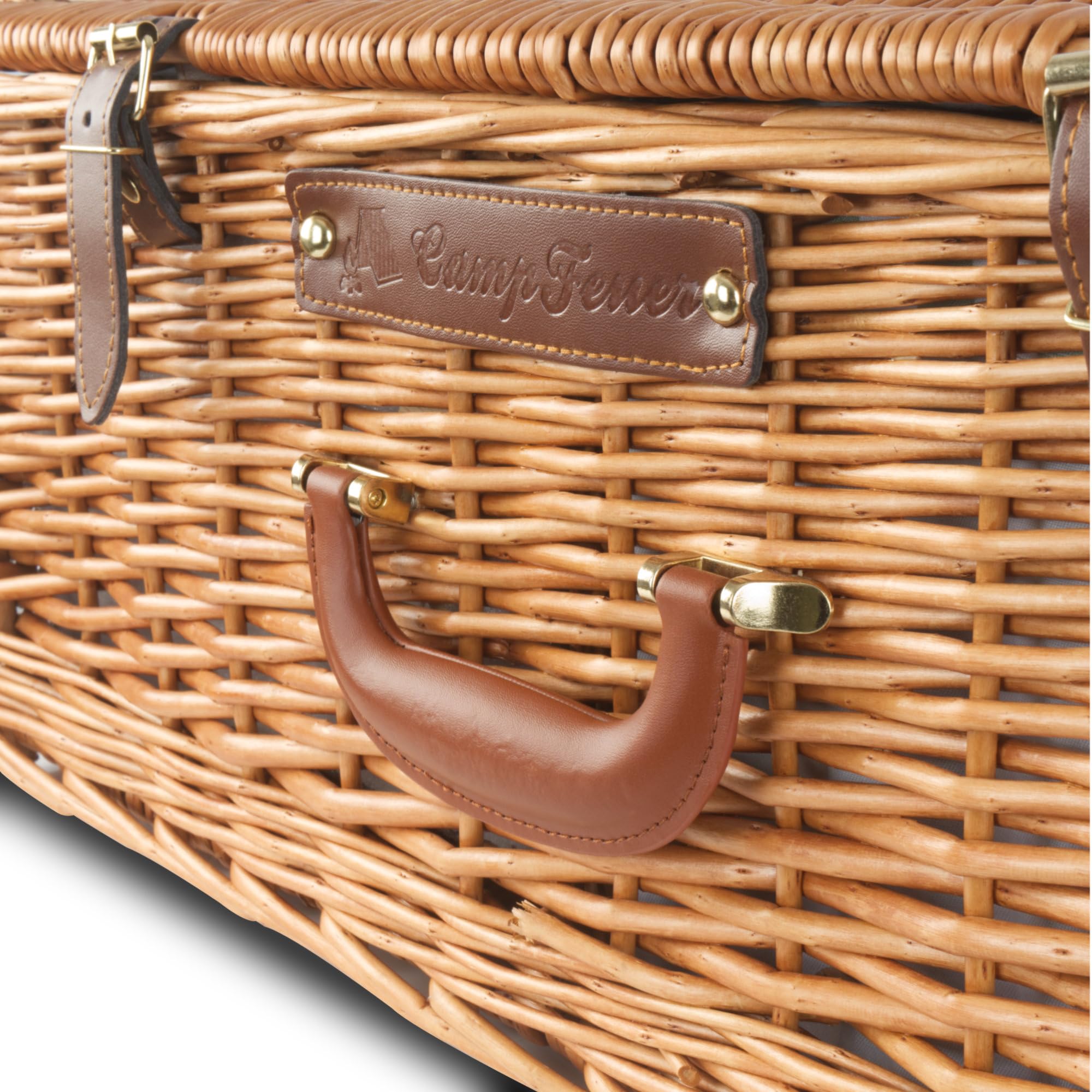 CampFeuer Picknickkorb 4 Personen mit Geschirr-Set und Kühlfach | 29-teilig | Picknickkoffer mit gestreiftem Innenmuster | Weidenkorb mit Kunstlederriemen | Picknicktasche, Picknick Set