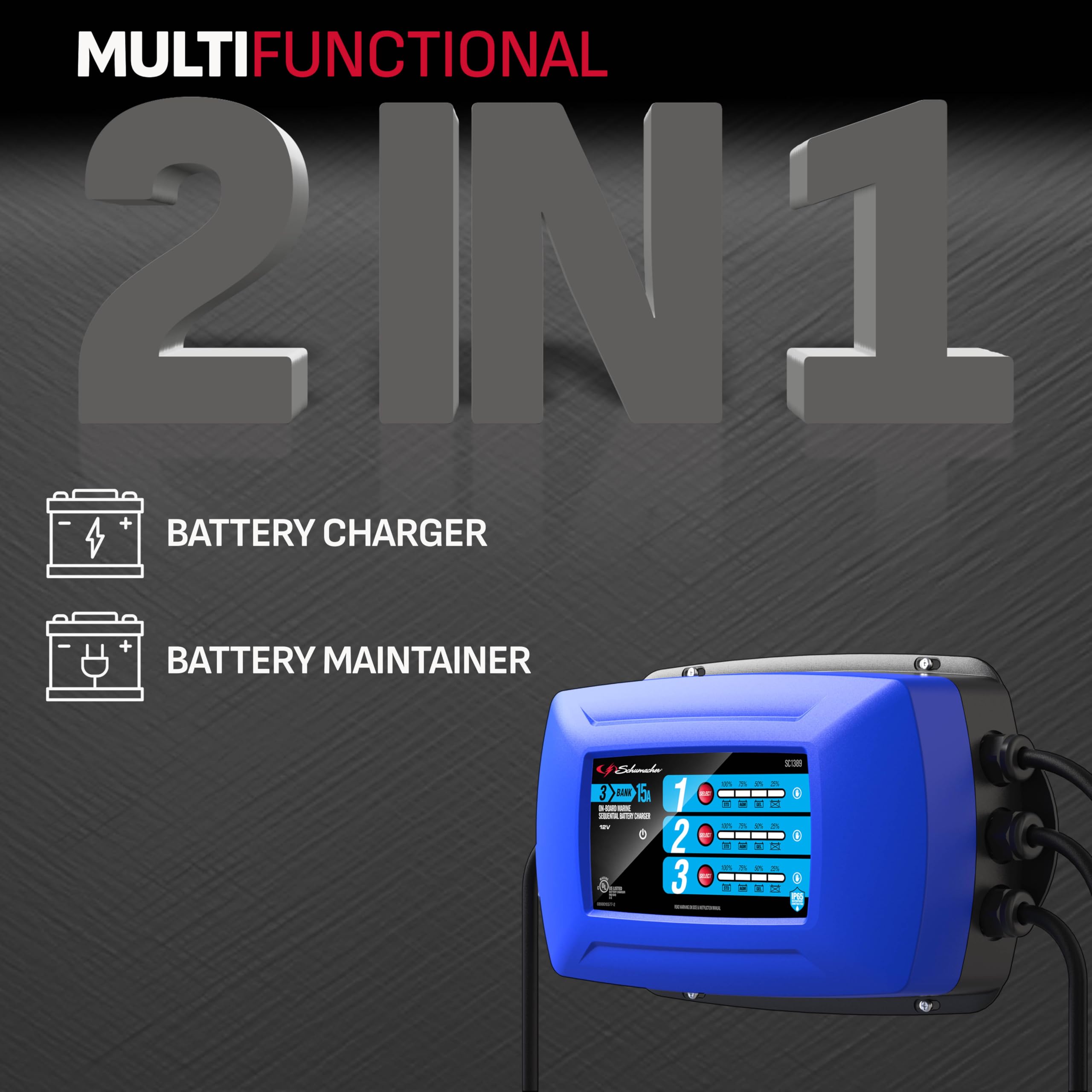 Schumacher-SC1389 Fully Automatic Direct-Mount 3-Battery Charger and Maintainer - 15 Amp, 12V - for Marine Batteries