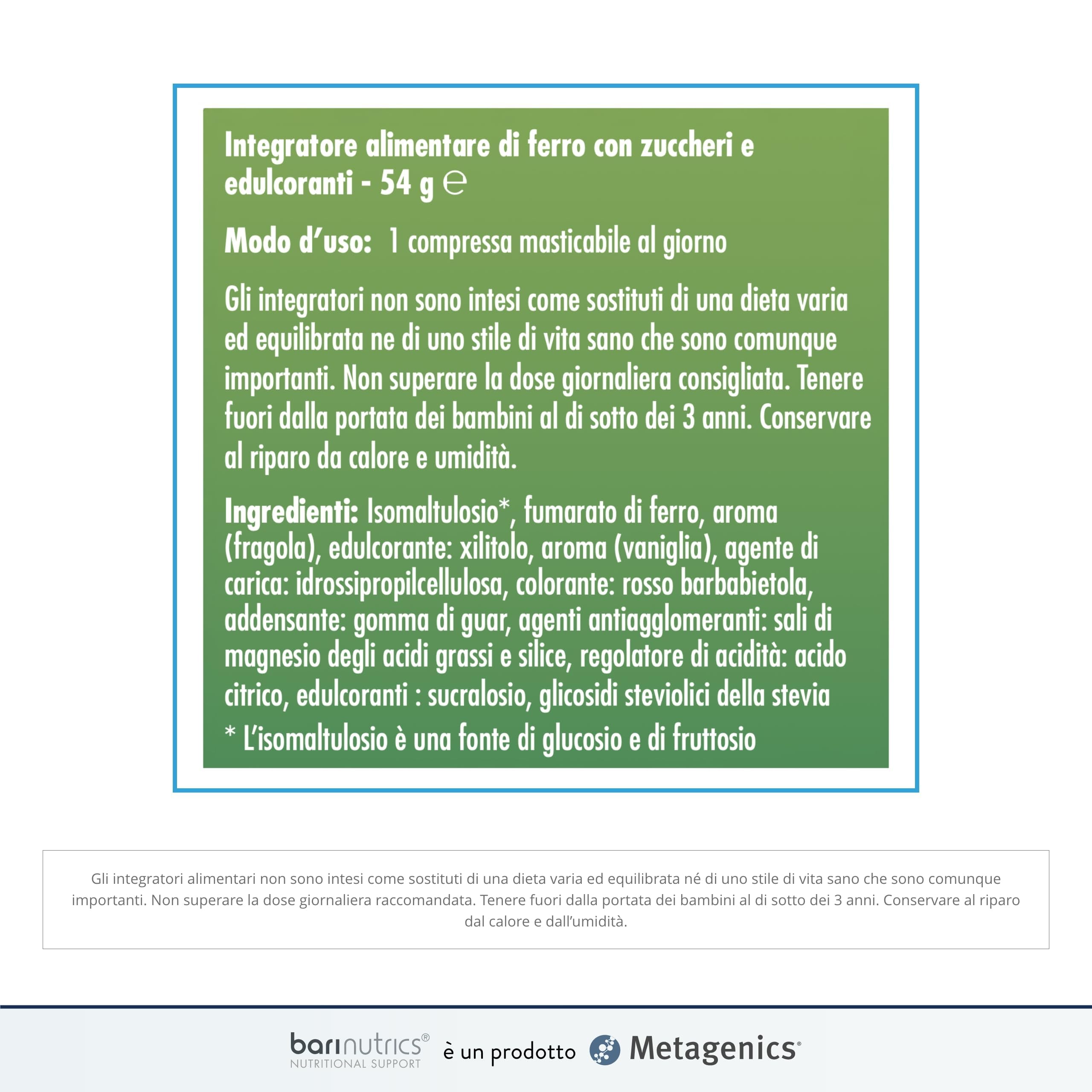 Metagenics BariNutrics Ferro - Integratore di Ferro per Stanchezza e Affaticamento - 90 Compresse Masticabili Gusto Fragola - Alta Assorbibilità e Tollerabilità Gastrica - Senza Glutine e Lattosio