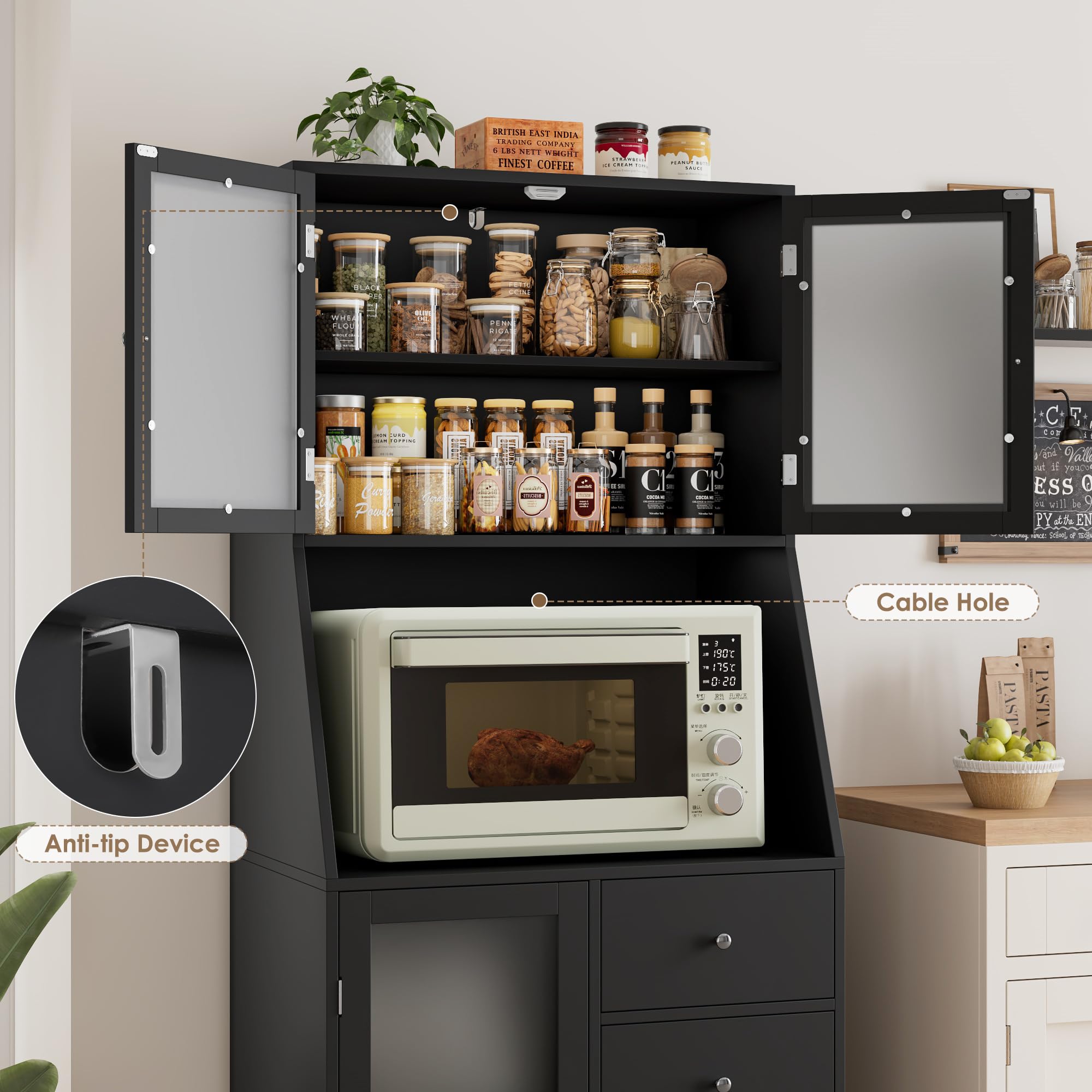 HOCSOK 163cm Küchenschrank, Buffetschrank mit Arbeitsplatte, Vorratsschrank Küche mit 3 Türen und 4 Schubladen, Hochschrank Küche für Wohnzimmer Esszimmer Bar, Schwarz