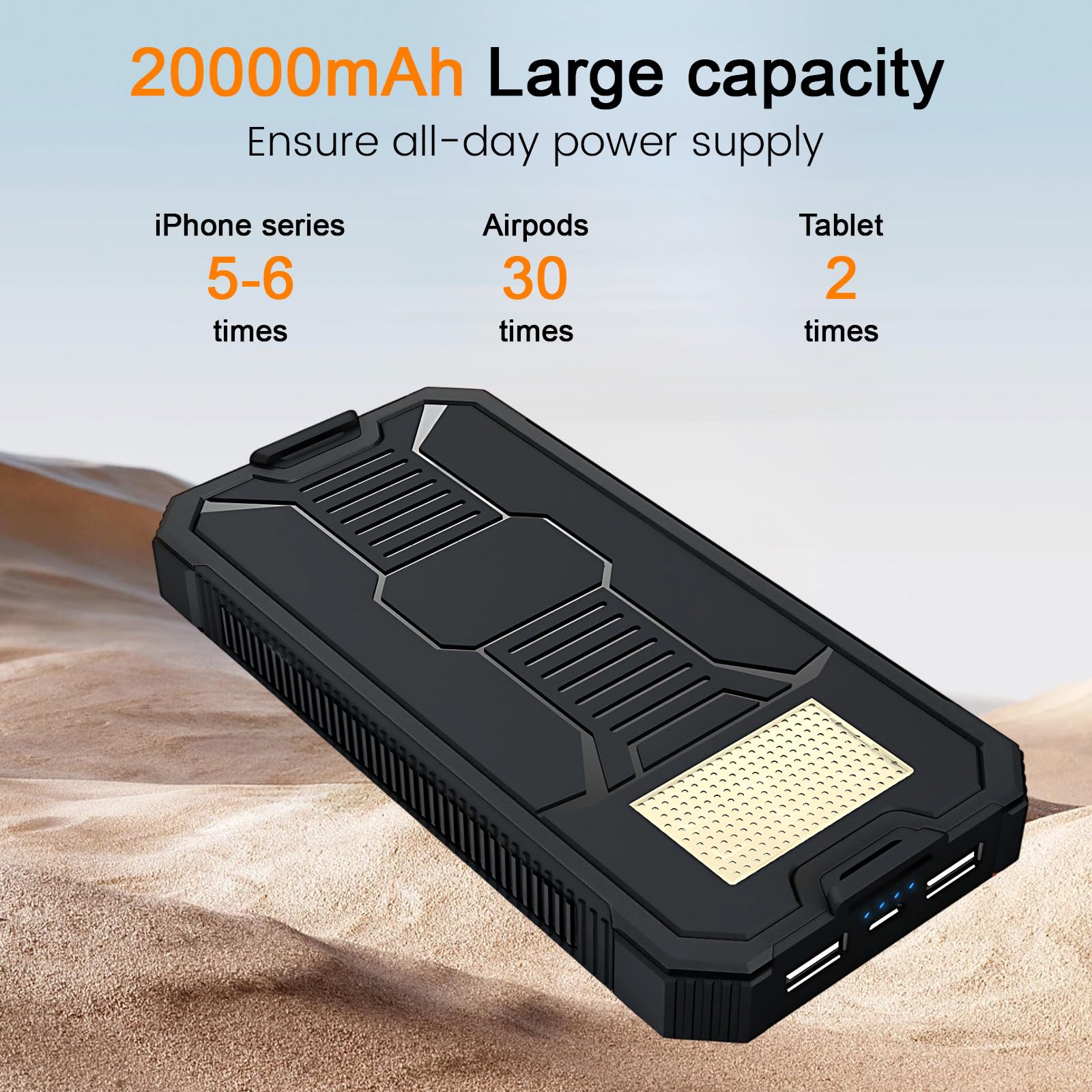 Solar Power Bank 20000mAh,Wasserdichtes Tragbares Powerbank Solarpanel mit 2 USB-Anschlüssen 1 Typ-C Port für Smartphones, Tablets und mehr,LED Licht Solarladegerät