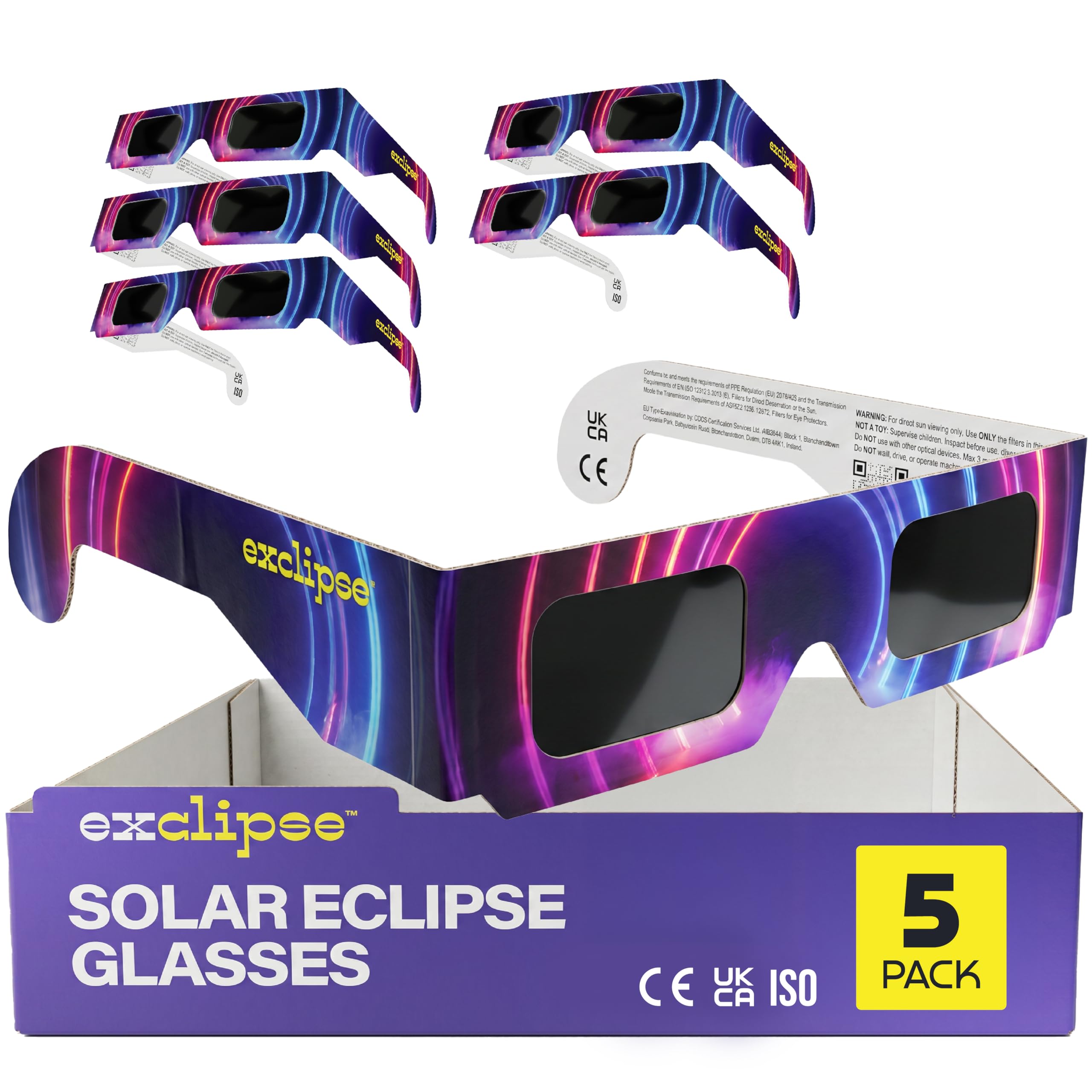 exclipse Solar Eclipse Glasses 5 Pack – ISO 12312-2 & CE & UKCA Certified Safe Sun Viewing Glasses, Direct Solar Observation, Eclipse 2026 Viewing, Bulk Pack