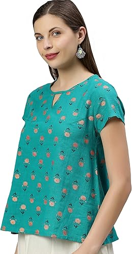 Miniatura 4 de Janasya Top indio de algodón verde azulado para mujer