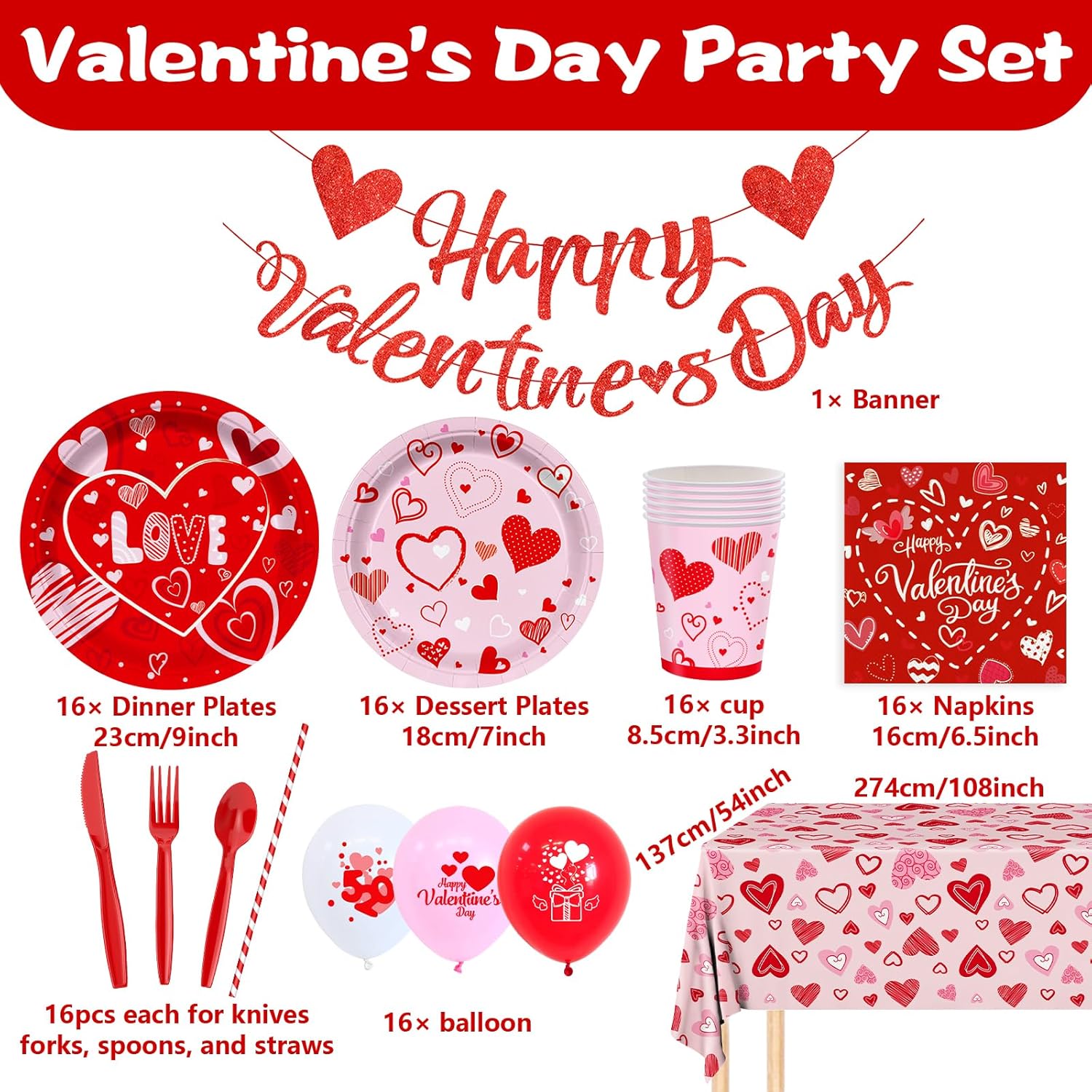 Valentine's Day Party Supplies Hot Heart Love Disposable Plates Napkins Balloons Cups plastic Tablecloth with Banner for Valentine's Day, Engagements, Anniversary Decorations, Serve 16