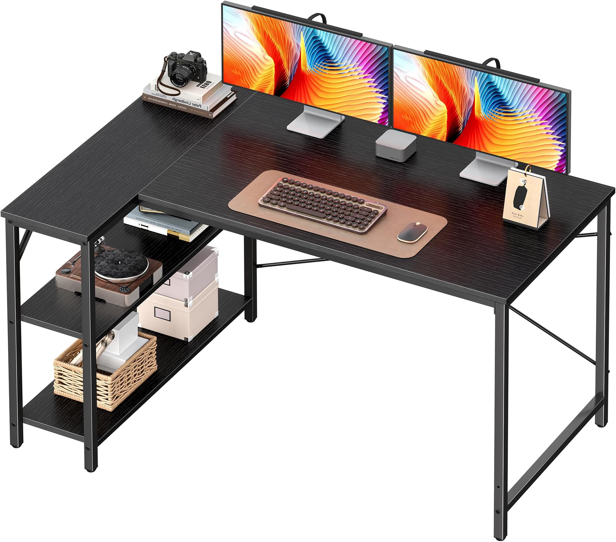 Huuger L Shaped Desk, 47 Inches Computer Desk with Reversible Storage Shelves, Gaming Corner Home Office Writing Study with Metal Frame, Black
