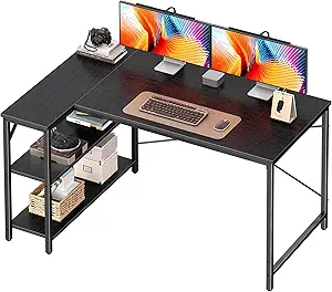 Huuger L Shaped Desk, 47 Inches Computer Desk with Reversible Storage Shelves, Gaming Corner Home Office Writing Study with Metal Frame, Black