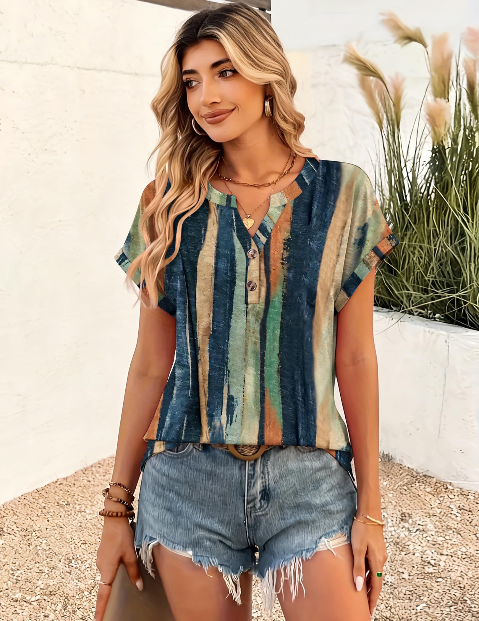 Zeagoo Women Tops Summer Short Sleeve T Shirts V Neck Dressy Casual Work Blouses Fashion Boho Clothes S-3XL