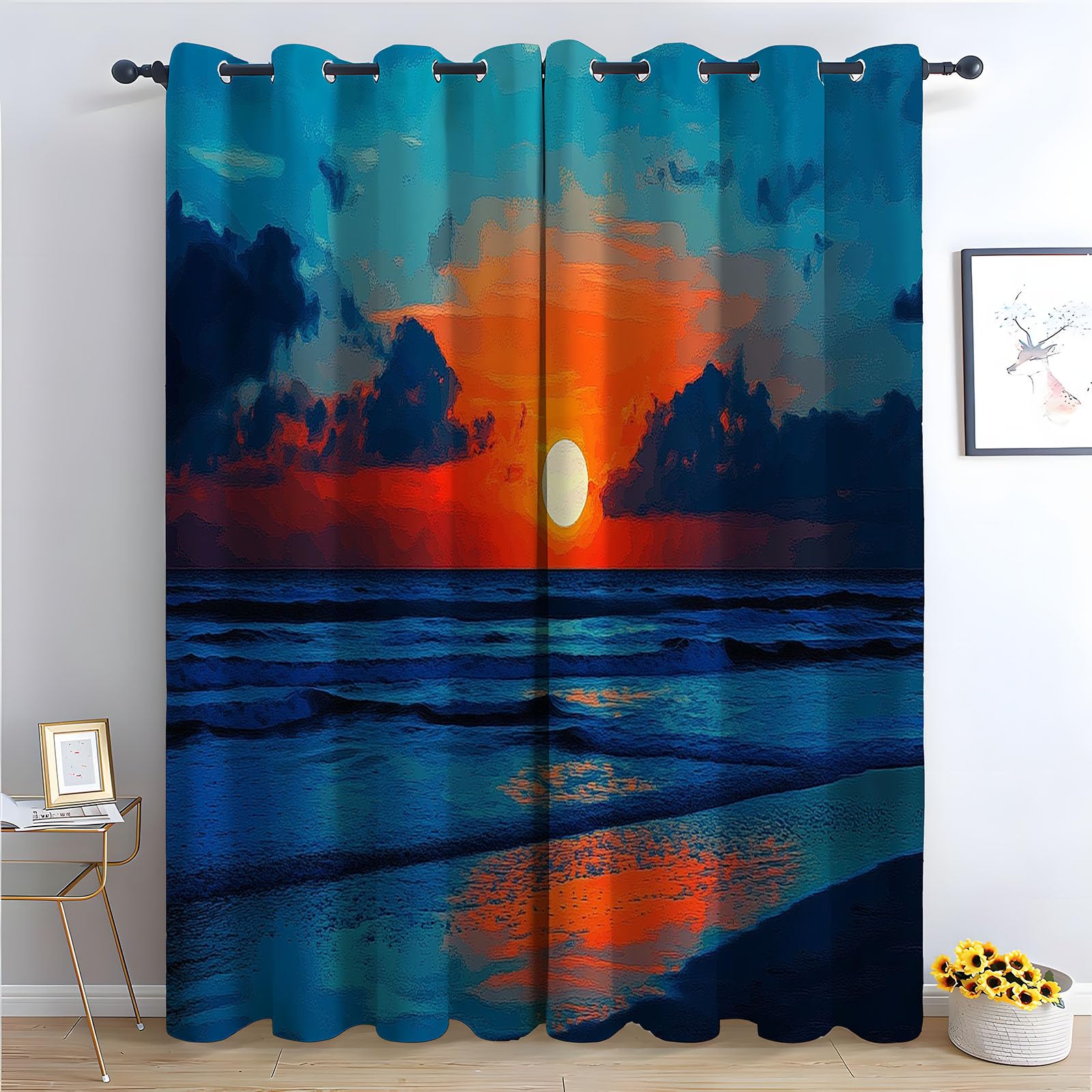 TERUEA Outdoor Curtains Garden Decor, Ocean sunset orange reflective beach seascape Boho Home/Office Artistic Decor for Bedroom Living Room-52 W x 84" L (Pack of 2)