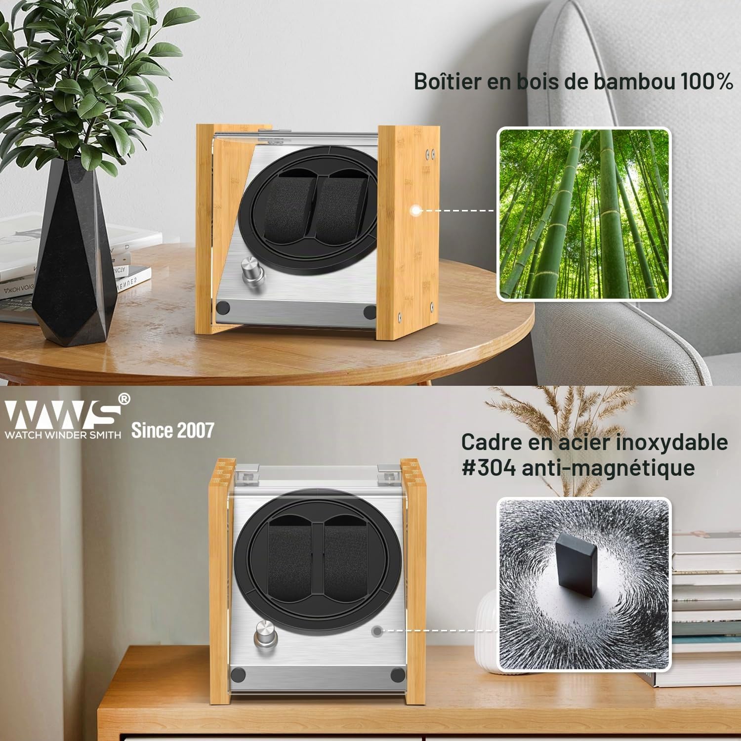Watch Winder Smith® Remontoir à Montres Automatique,100% Artisanat Conception de Brevet en Bois de Bambou,Moteur Japonais Ultra-Silencieux à AC ou à Piles
