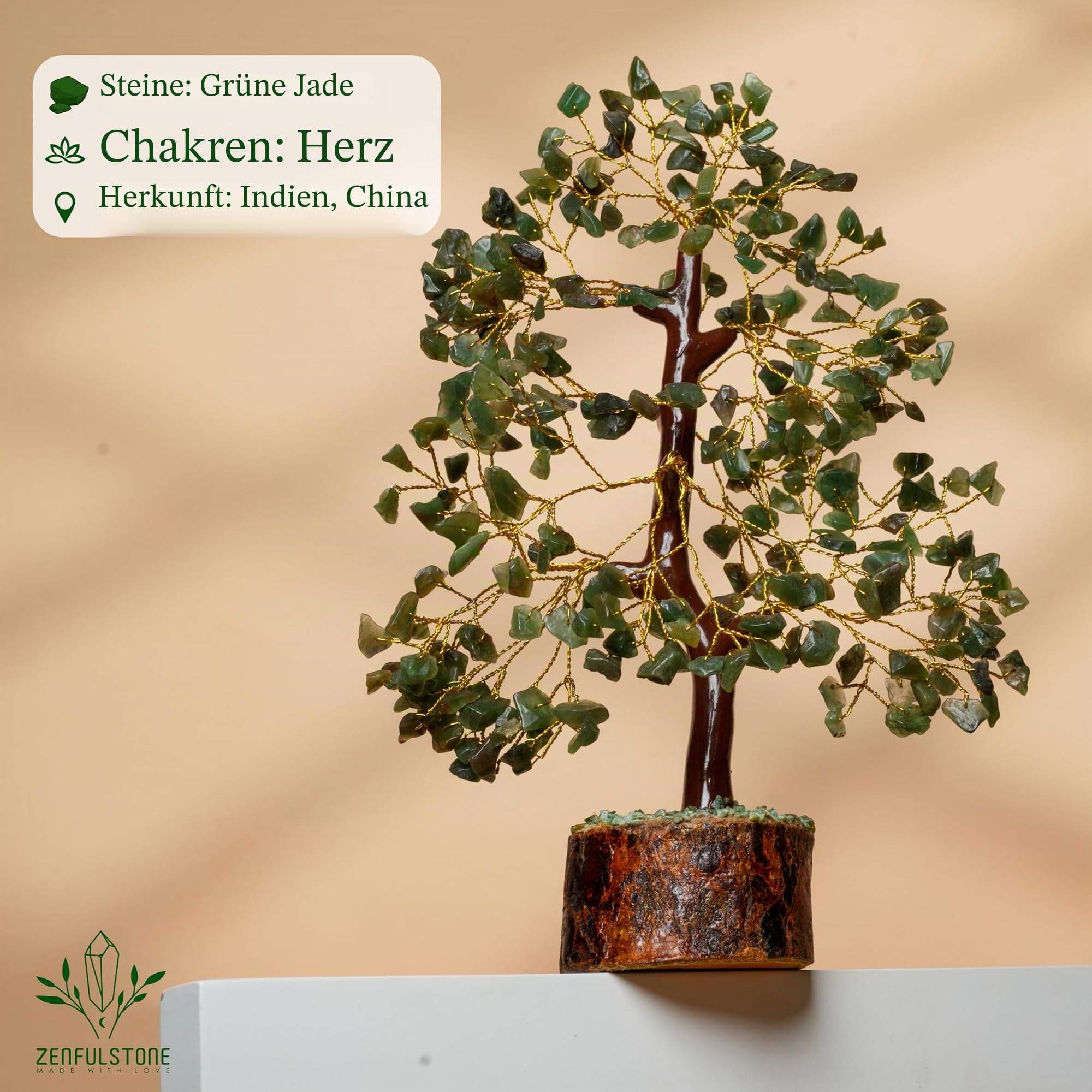 ZENFULSTONE Baum des Lebens aus grüner Jade für Glück und Wohlstand, Dekoration für Zuhause und Büro, handgefertigter Bonsai für Reichtum, Balance und Glück, perfektes Wohlfühlgeschenk für geliebte