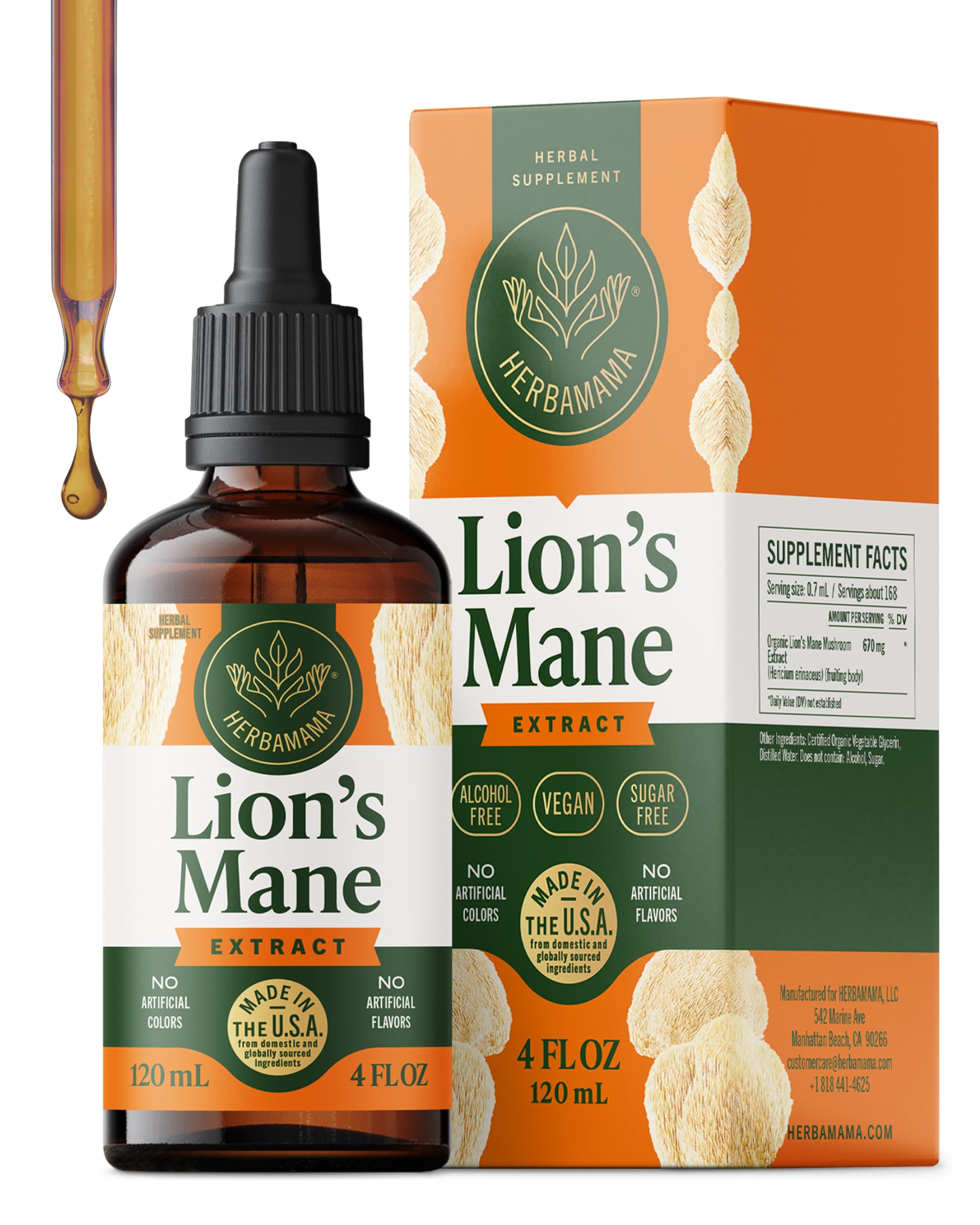 HERBAMAMA Lions Mane Tincture - Vegan Focus & Nerve Support with Lion's Mane Mushroom Extract - Hericium Erinaceus Brain Support Supplement - Non-GMO, Alcohol & Sugar-Free - 84-Day Supply
