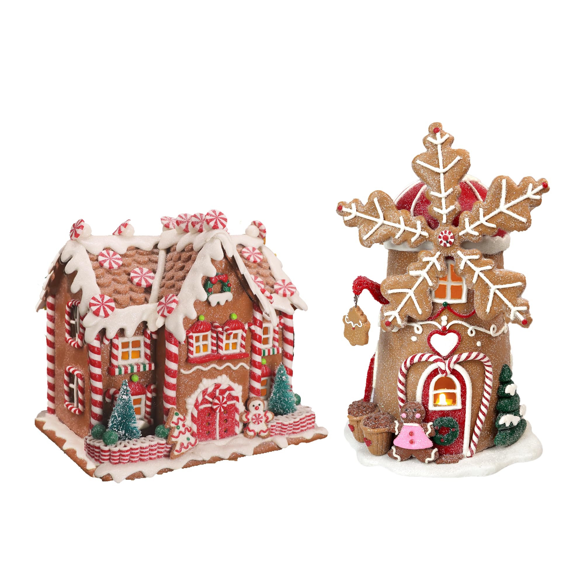 KPCB Gingerbread Christmas Decor - Prelit Gingerbread House Decorations with Timer - Table Centerpiece Cookie Holiday Decor 8.7'', 9.8"