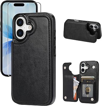 Compatible with iPhone 17 Wallet Case with Card Holder, PU Leather Kickstand Card Slots Case with Screen Protecor, Double Magnetic Clasp and Durable Shockproof Cover 6.3" -Black