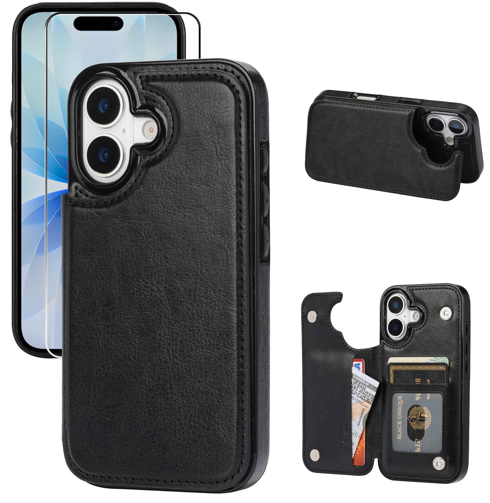 Housse iPhone 17 cuir synthétique noir étui portefeuille chic de 6,3" - 8