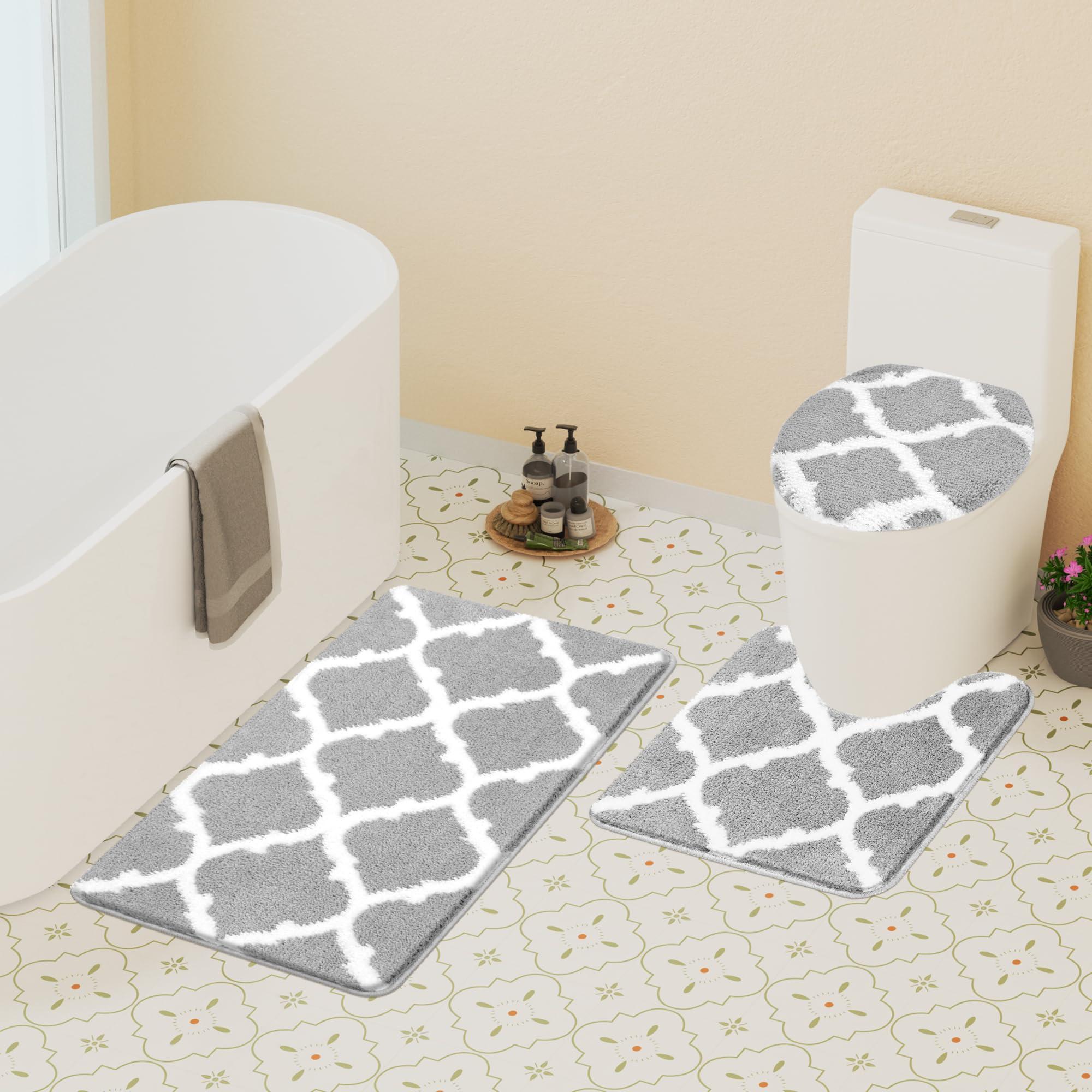 3 Piece Bathroom Rug Set, Grey Bathroom Rugs, Extra Soft and Absorbent Microfiber Non-Slip Bath Rug, Perfect Bathroom Mats for Bathroom, Shower, Bedroom, Kitchen, Machine Washable 20"x 32"