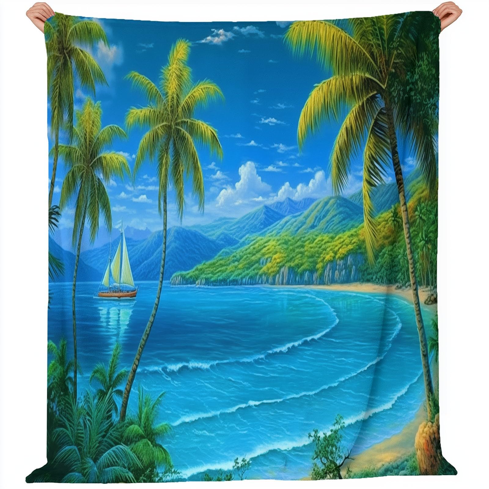 Multi-Usages Flanelle Couverture Plaid Polaire - Nature Montagnes Océan Motifs Couvertures pour Adultes et Enfants, 200 x 220 cm Bleu Douce Moelleuse Peluche Couverture pour Toutes Les Saisons