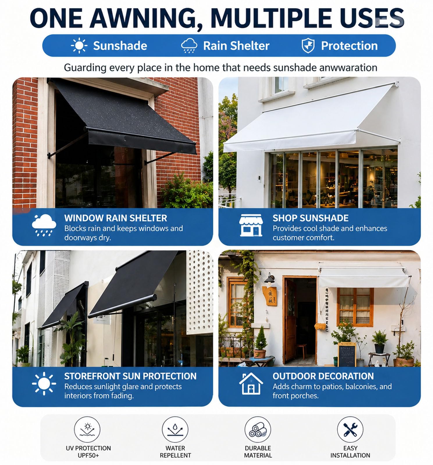 Manivelle rétractable à main avec protection UV et imperméable pour boutiques, cafés, portes et porches Marron à rayures 1 m