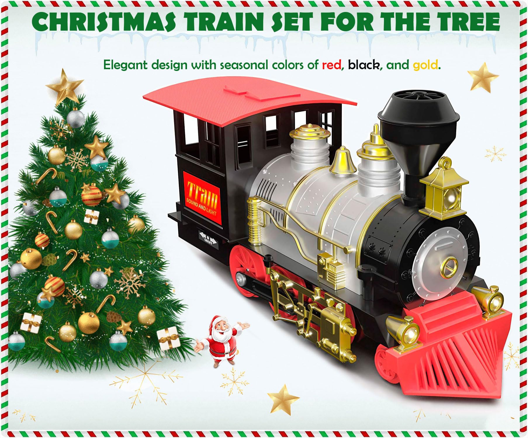 Classic Christmas Train Set for Under The Tree with Smoke, Lights and Sounds Battery Operated Electric Train Around Christmas Tree with Large Tracks for Boys Girls Christmas Decoration