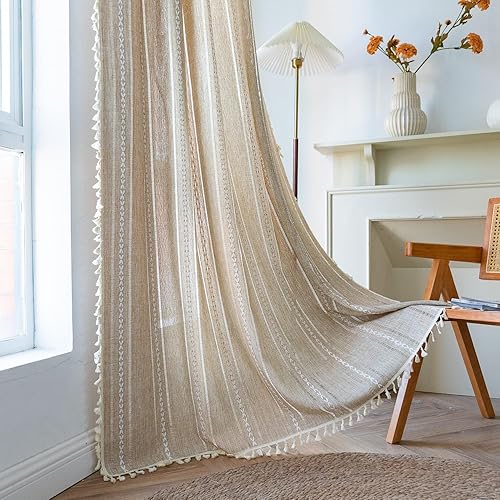 Sutuo Home Boho Curtain for Bedroom Living Room 84 Inches Length, Light Filtering French Country Farmhouse Vintage Chic Tassels Hollow Window Treatment Bohemian Drape, 1 Panel 52" W x 84" L Natural