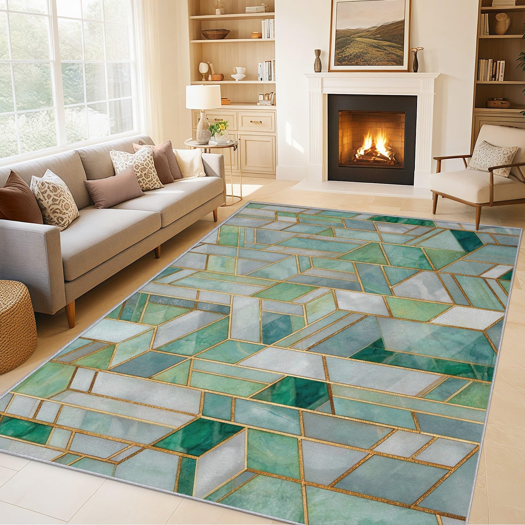 Générique Tapis Geometrie Verte 60x90, Lavable Poils Ras