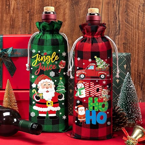 Miniatura 5 de Aoonby 12 bolsas de arpillera para vino, bolsas de regalo de vino de Navidad para botellas, bolsas de botellas de Navidad a cuadros con cordón