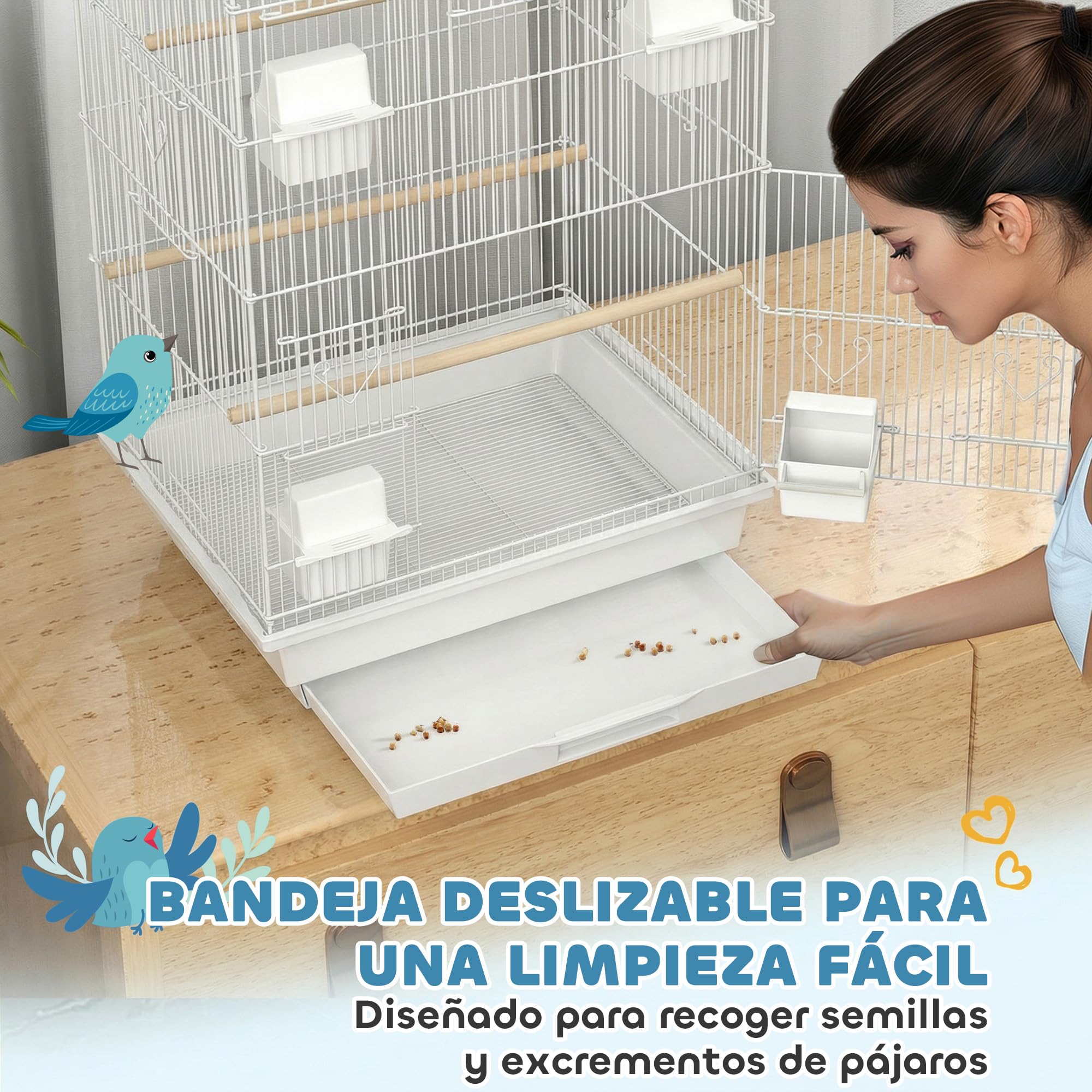 PawHut Jaula para Pájaros de Acero Pajarera con Comederos Perchas Columpio y Bandeja Extraíble Jaula Grande para Loros Canario Periquito 50,5x41x104 cm Blanco