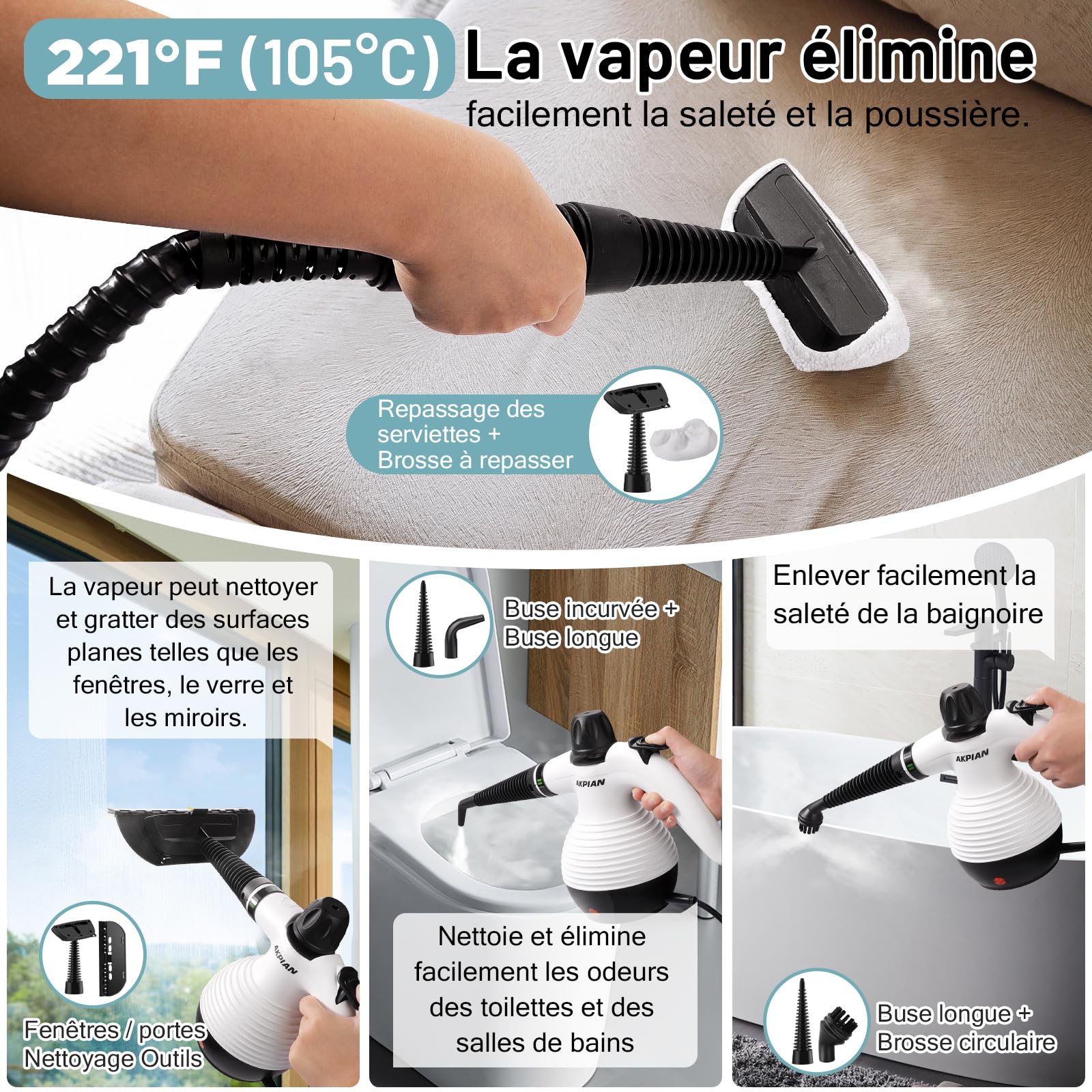 Nettoyeur vapeur manuel 1050 W – Nettoyeur vapeur multifonction avec kit d'accessoires de 10 pièces – Nettoyage sans produits chimiques pour joints de carrelage, cuisinière de cuisine, fenêtre