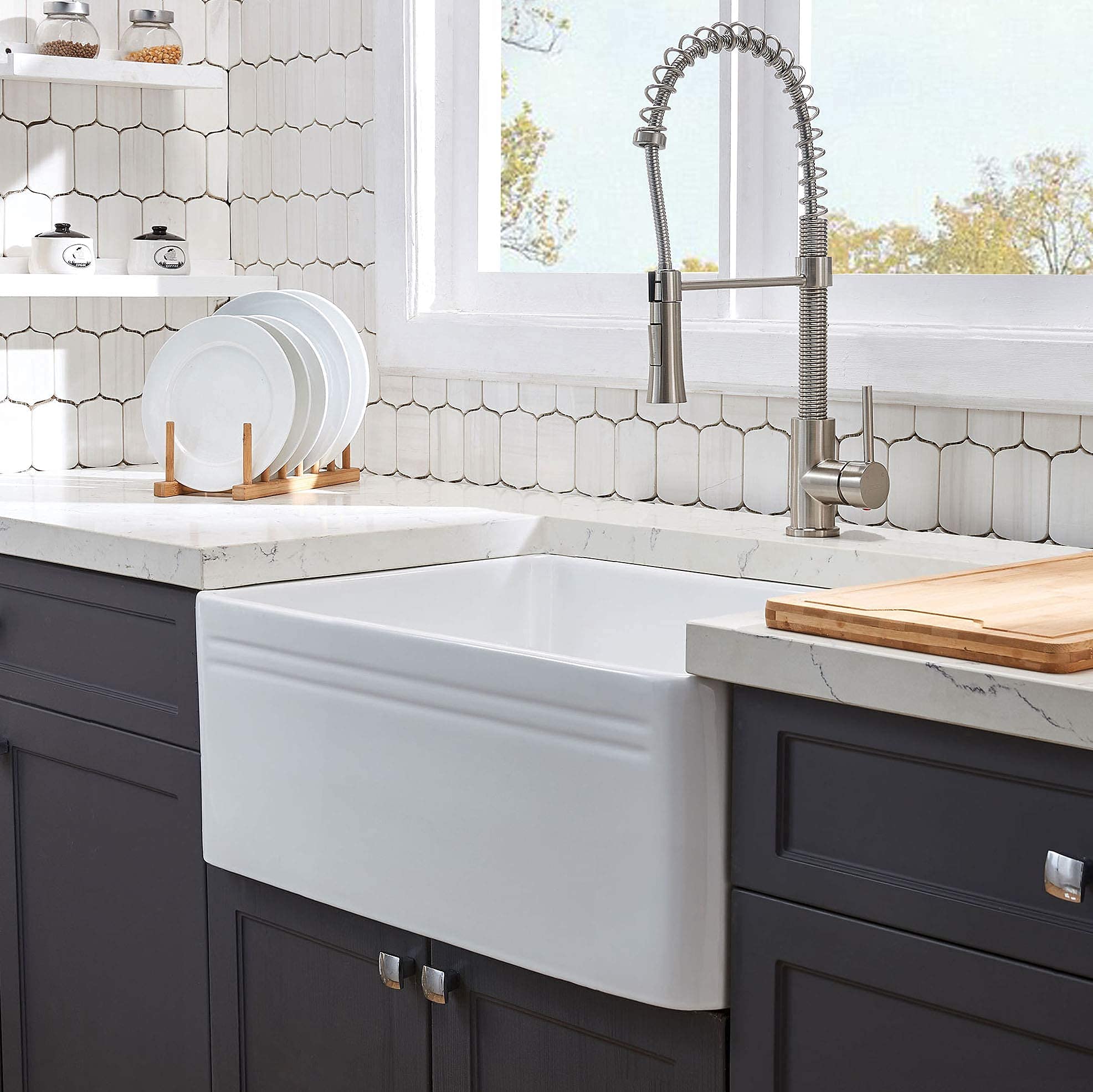 KINGO HOME 24 Inch White Fireclay Farmhouse Sink, ApronFront Porcelain