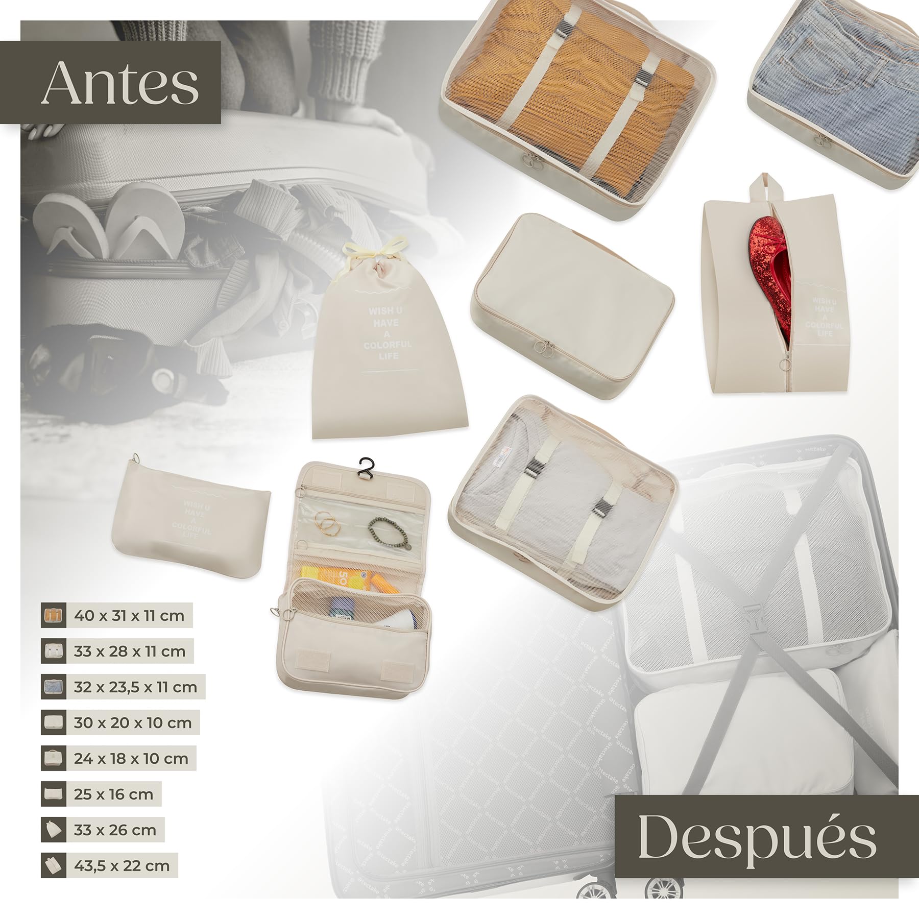 tectake® Juego de Maletas de 13 Piezas, Maleta Grande, Mediana y de Mano, Maletas de Viaje en ABS e Imitación Cuero, Cerradura TSA, Ruedas 360°, Set de Maletas Apilables, Accesorios Viaje - Crema