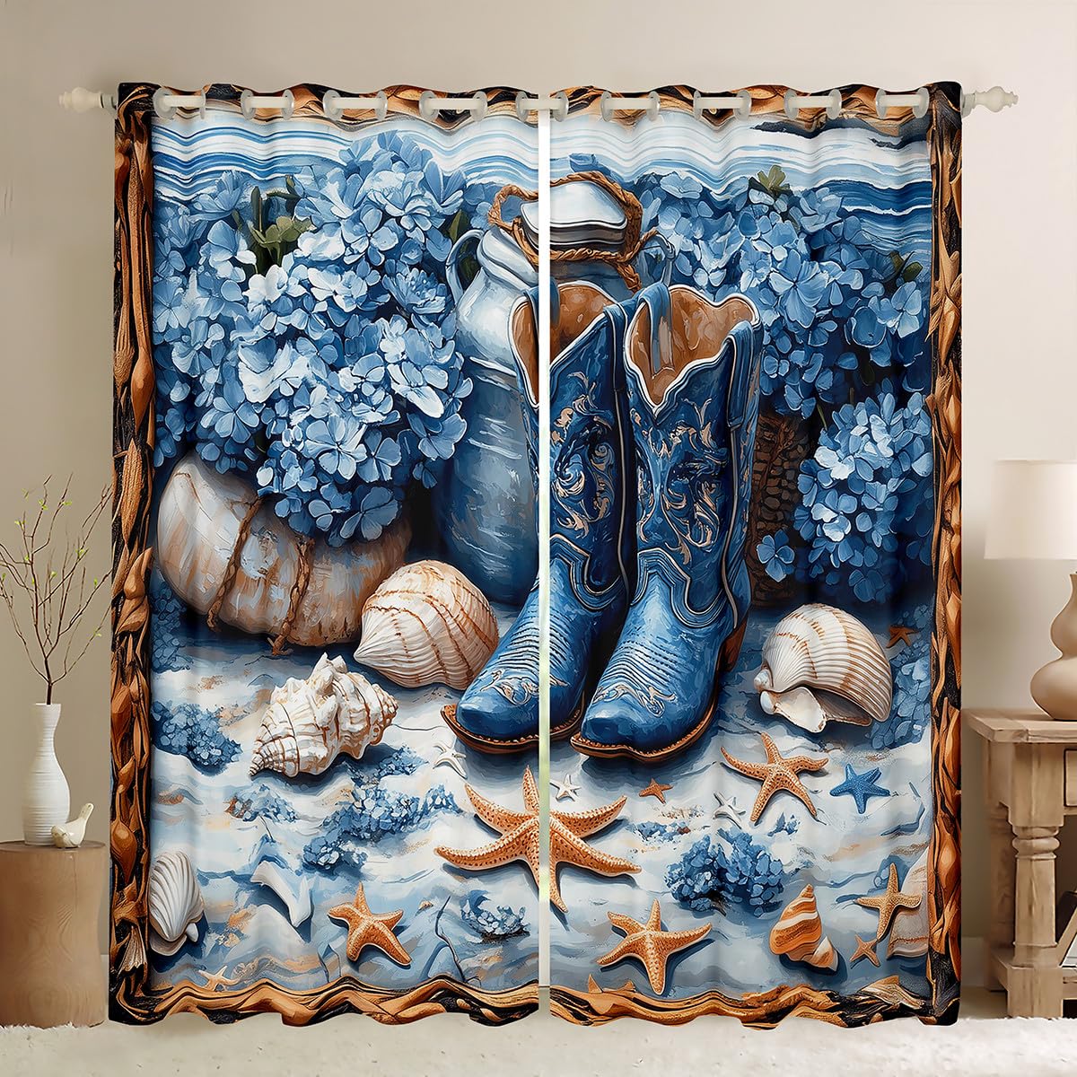Tende per finestre con cowboy occidentale, con stivali tribali blu, fiori da spiaggia, stelle marine, conchiglie, conchiglie, tenda per camera da letto, tenda rustica in legno per