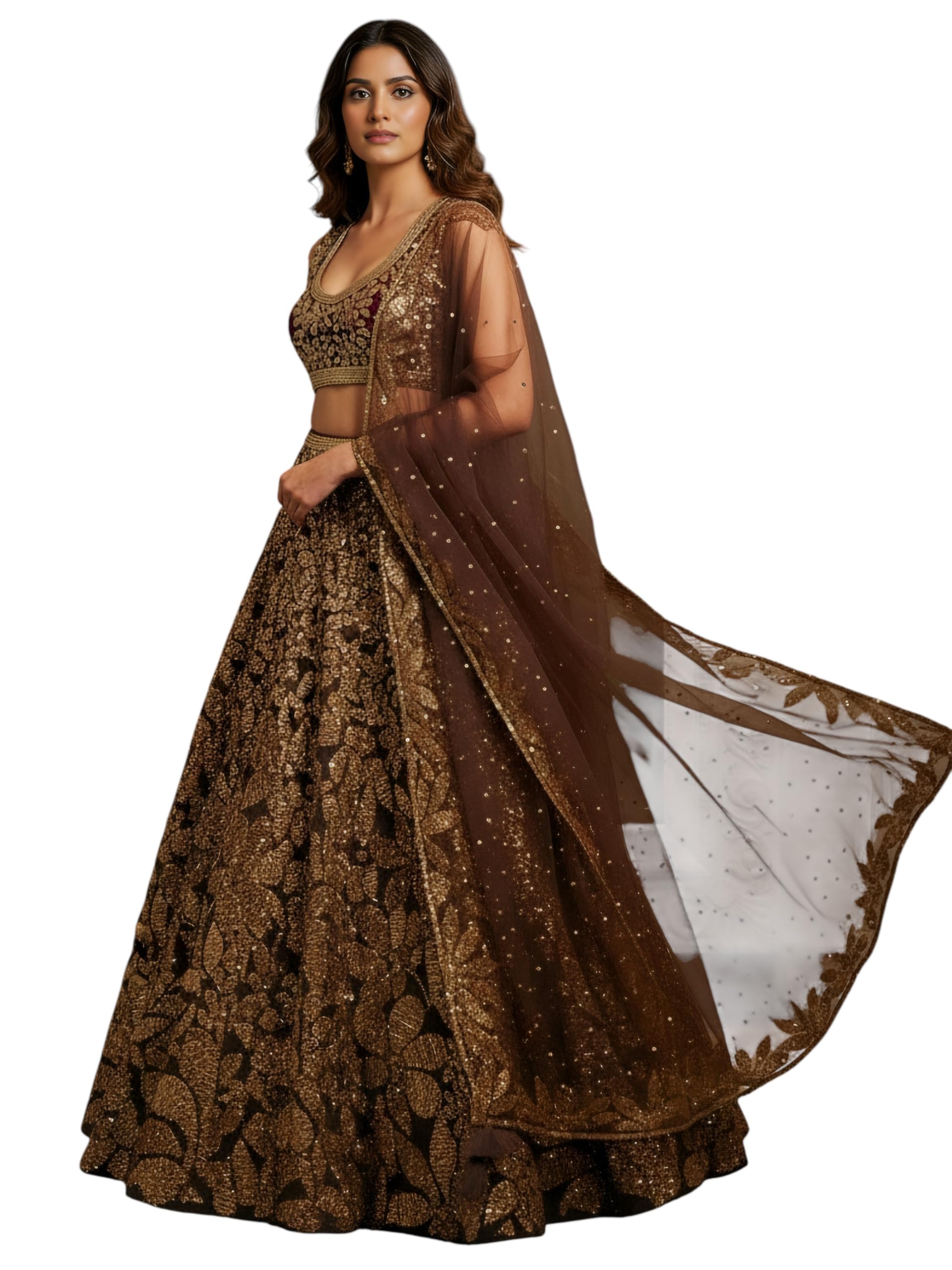 Women's Sequins Embroidered Soft Net Lehenga Choli With Dupatta (5106-Brown-Womens-Lehenga-Choli-Latest; Free size) (Brown)-image-13