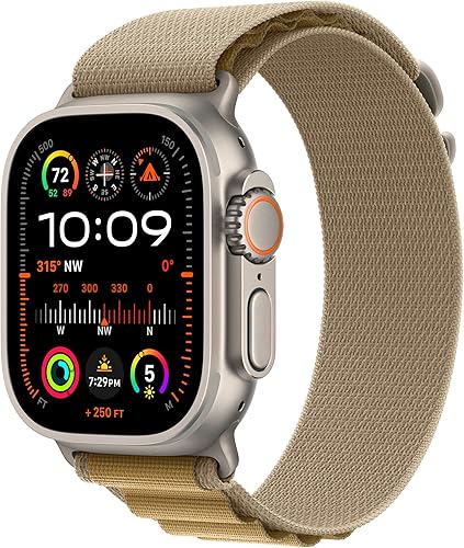 Apple Watch Ultra 2 (49 mm, GPS + Cellular) con caja de titanio natural con correa loop Alpine bronceado, M, monitor de fitness, GPS de precisión,