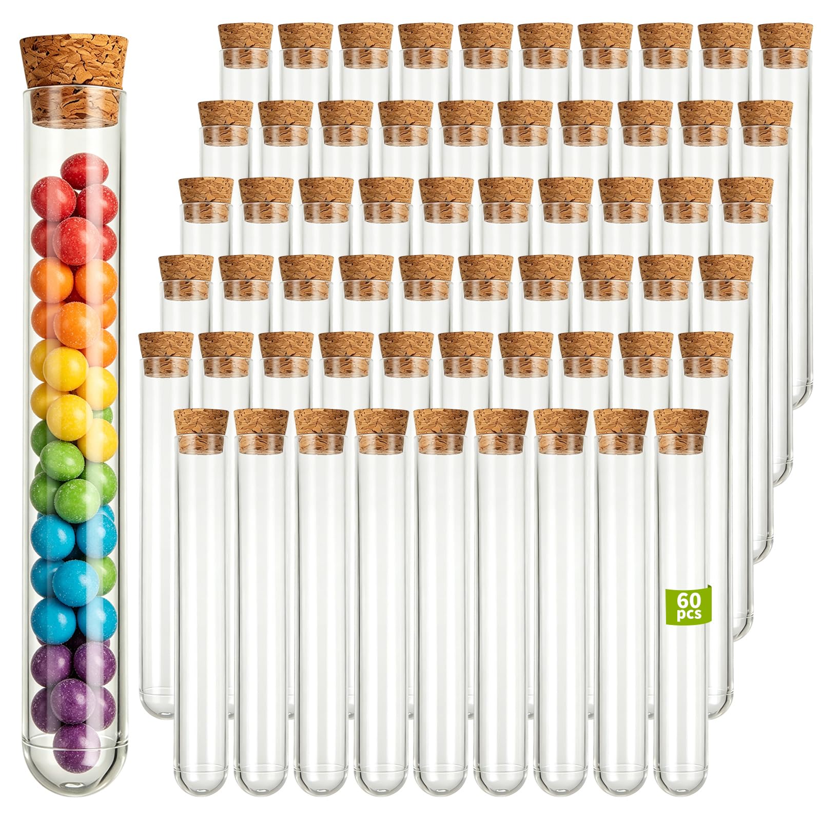 Certbuy 60Pcs 15ml Plastic Test Tubes with Cork Stoppers 15x100mm Small Clear Vials Transparent Test Tube Good Seal for Beads Storage, Candy Tubes, Bath Salt, P