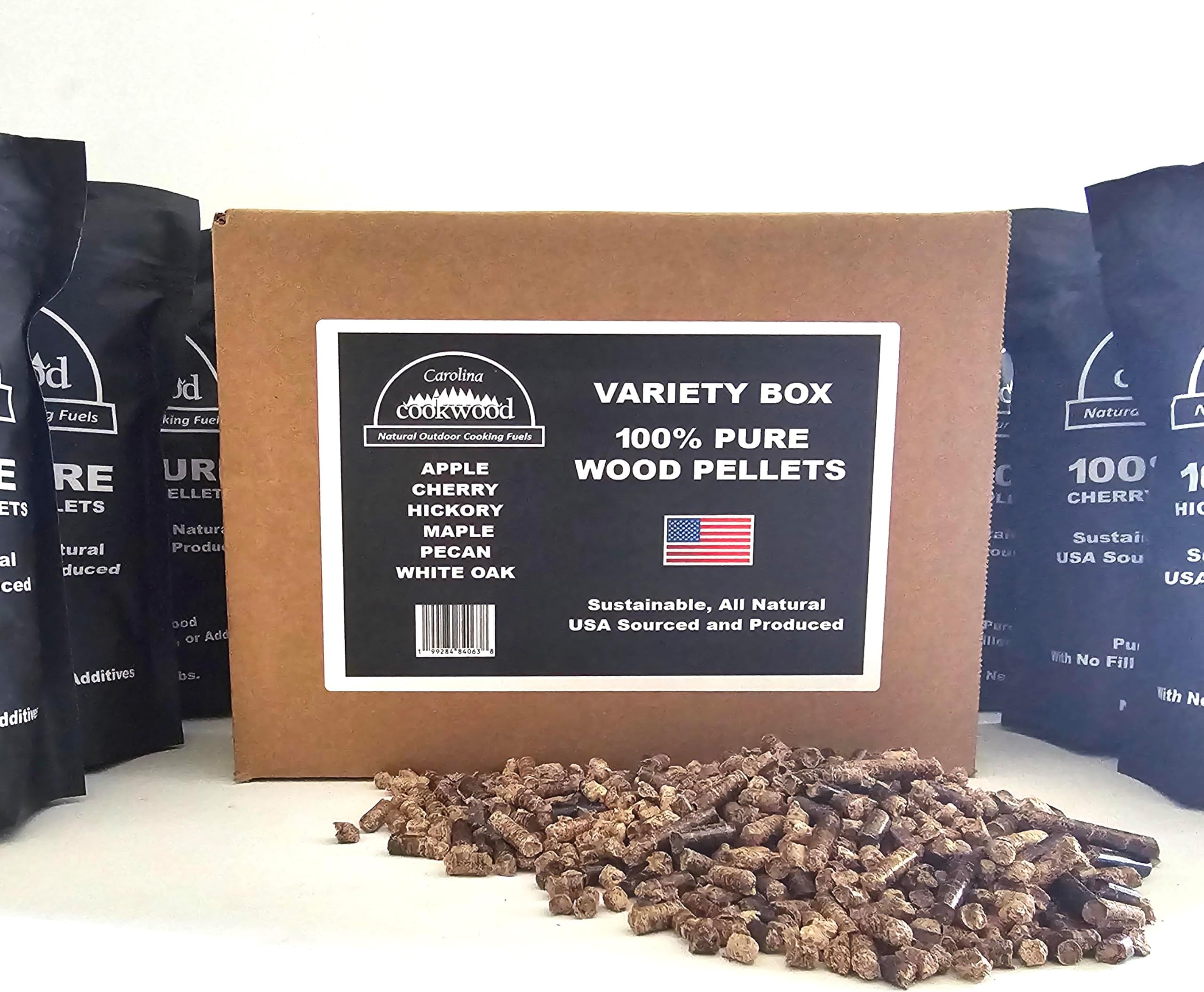 All-Purpose Wood Pellet Variety Pack – 6-Pack (9 lbs), 100% USA-Sourced, Includes Apple, Hickory, Pecan, Maple, White Oak & Cherry, Perfect for Grilling, Smoking & BBQ