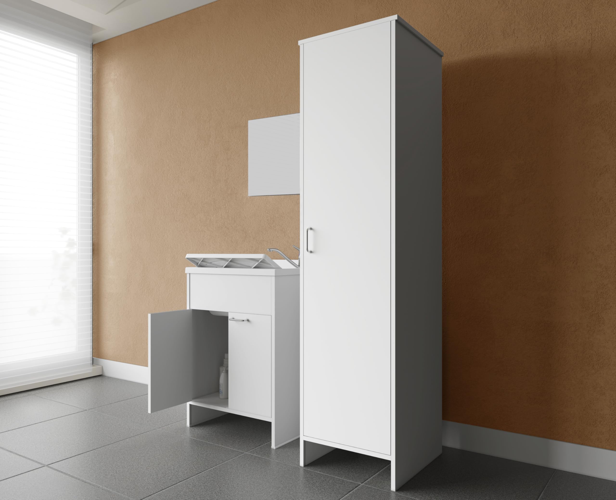 Negrari composizione, Mobile Lavatoio + Specchio + Colonna in Resina, Resistente all'umidità, Vasca resistente agli acidi, Kit di scarico incluso, Interno e Esterno, Bianco