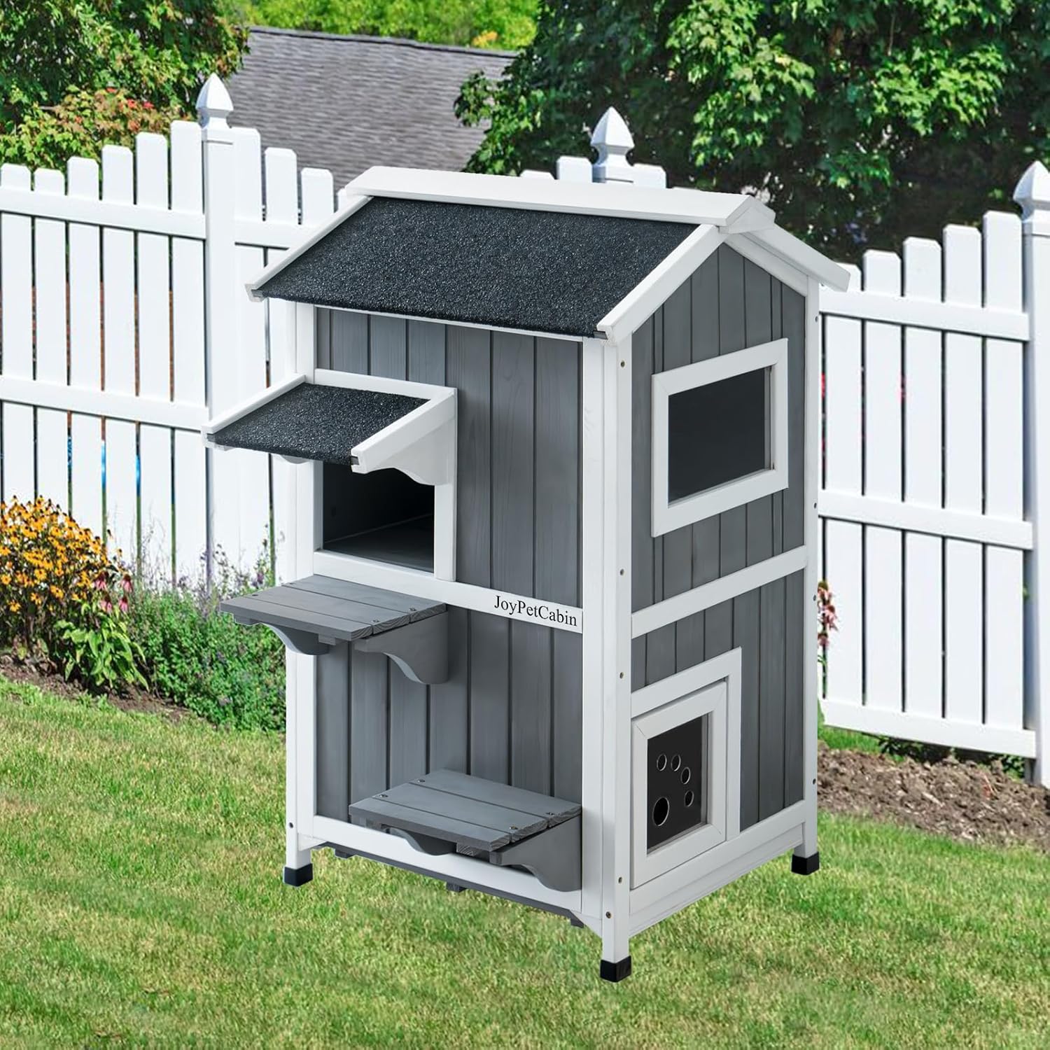 Outdoor Cat House, 2 Story Outdoor Cat Shelter Weatherproof, Wooden Outside Feral Cat House with Openable Roof, Escape Door