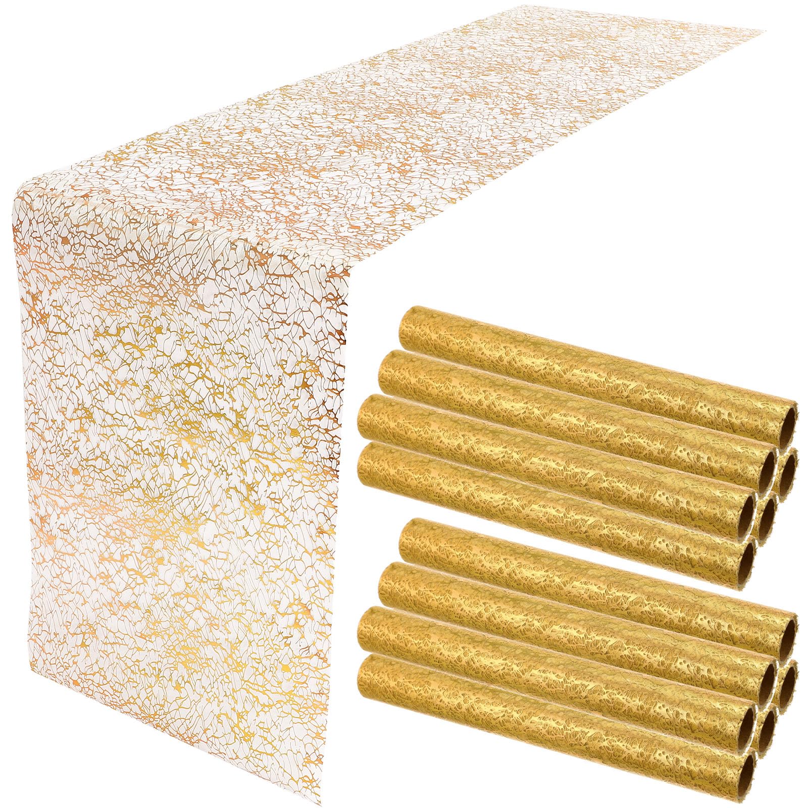 Chumia 12 Pieces Gold Table Runner 11 x 108 Inch Sequin Glitter Table Runner Roll Metallic Thin Mesh Fabric Decor for Party Wedding Shower Birthday Baby Shower Party Supplies