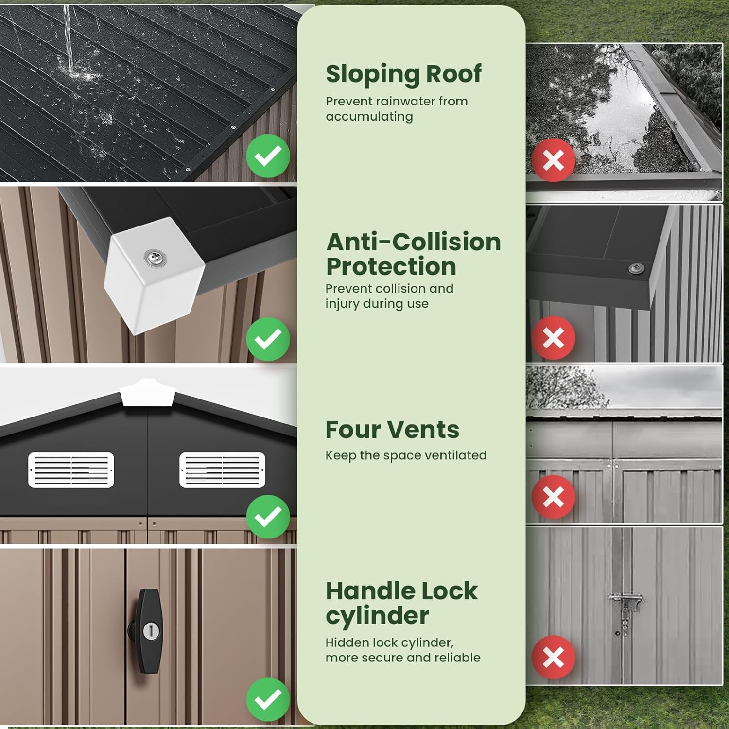 Z bliska view of GVDV shed features: sloping roof for water prevention, anti-collision protection, four vents for air circulation, and a secure handle lock cylinder.