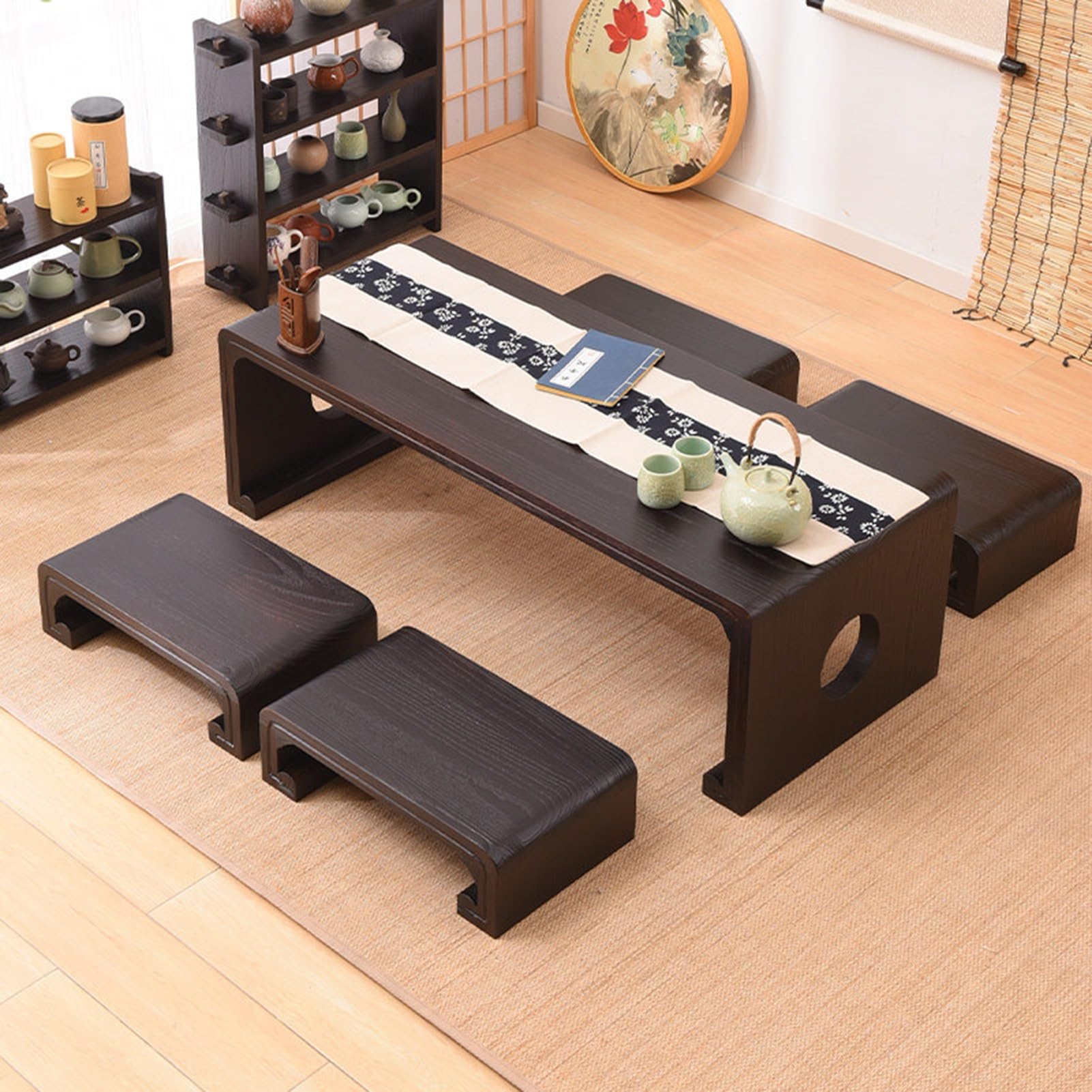 Table de sol japonaise bois massif pour coin thé zen et salon de thé traditionnel