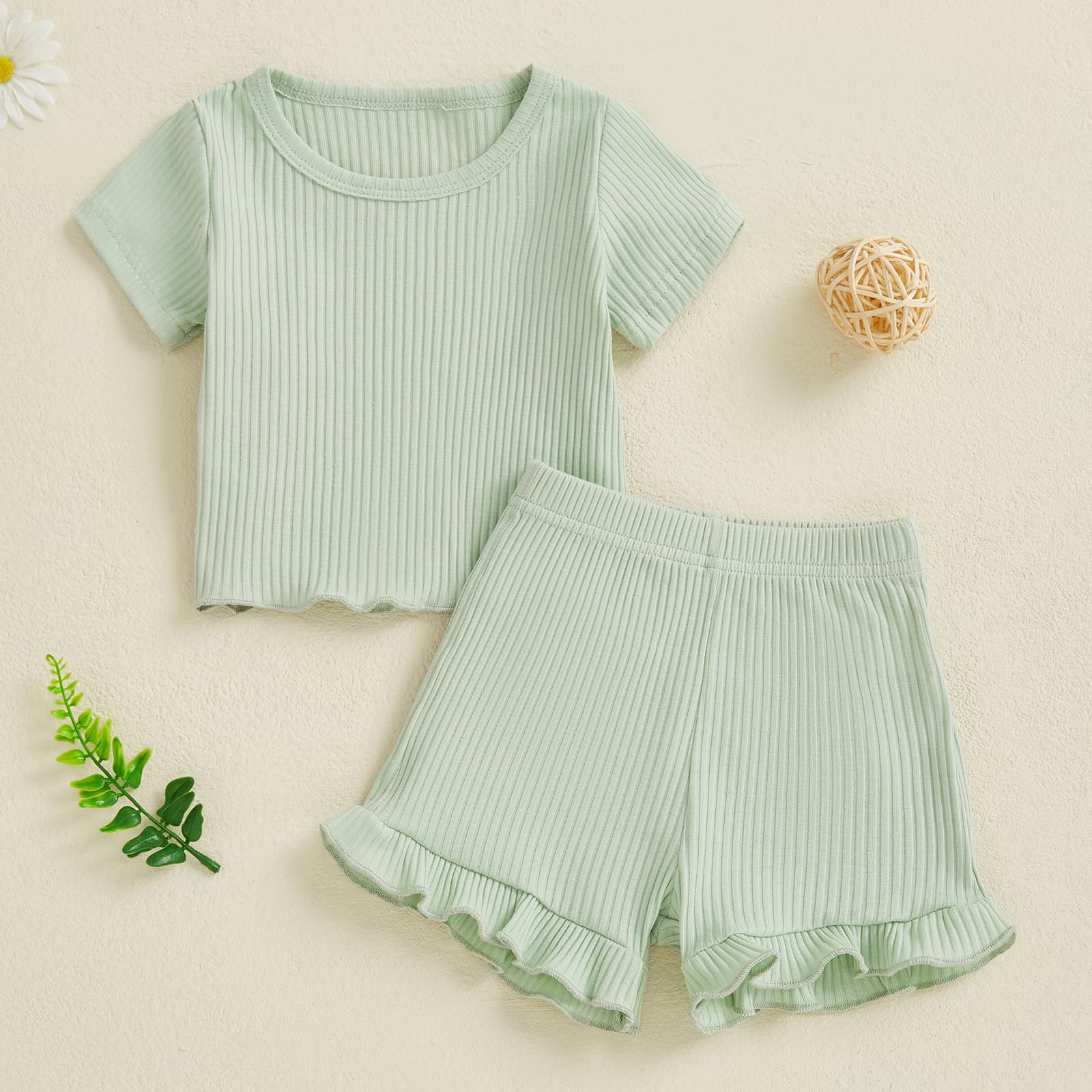 Newbgclo Baby Girl Summer Outfit Solid Color Short Sleeve Ribbed T-shirts Elastic Waist Shorts 2Pcs Toddler Clothes Set (Green, 2-3T)